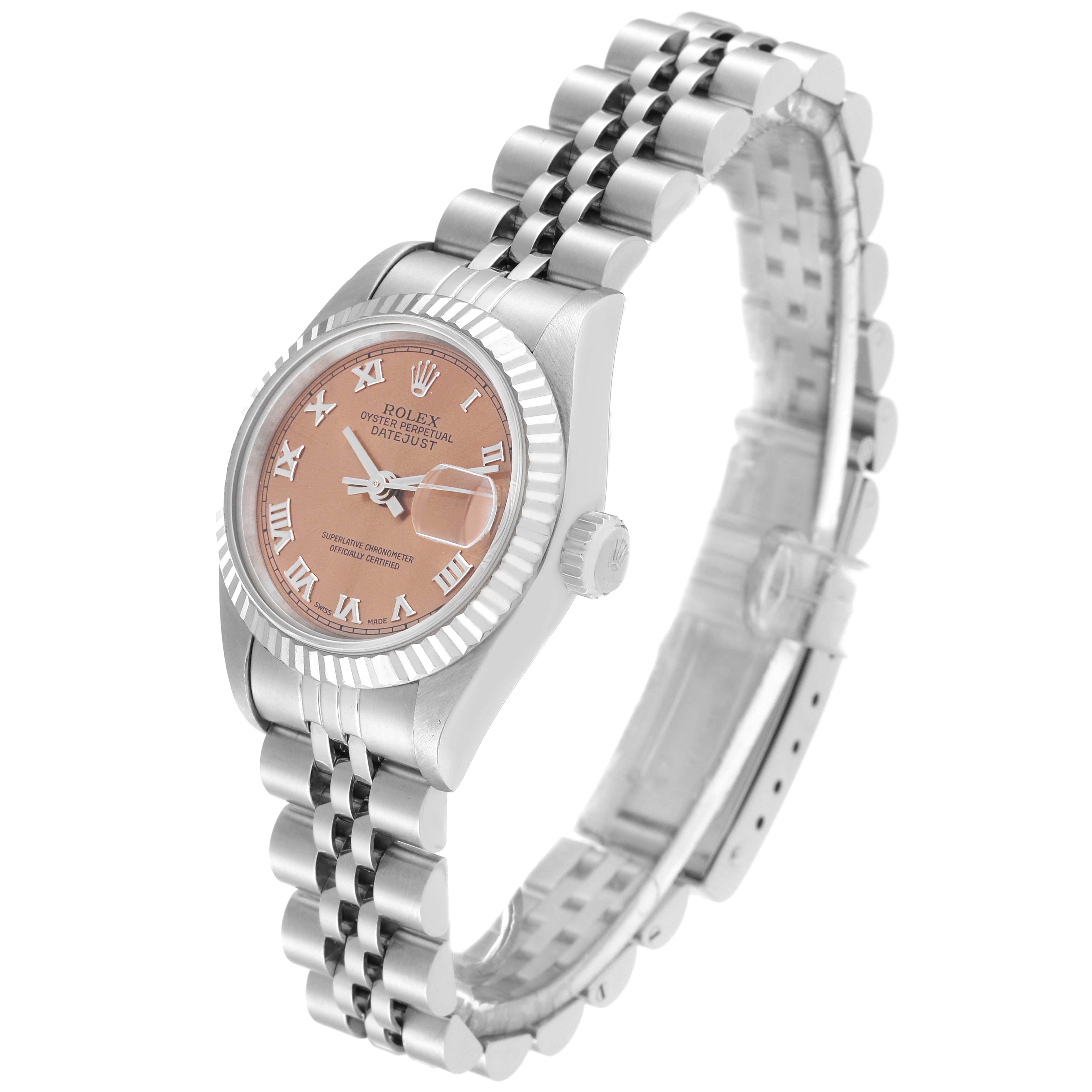 The image shows a Rolex Datejust 69174 Women's Stainless Steel Pink Dial 69174 Women's Stainless Steel Pink Dial watch at an angled side view displaying its face, bezel, case, and Jubilee bracelet.