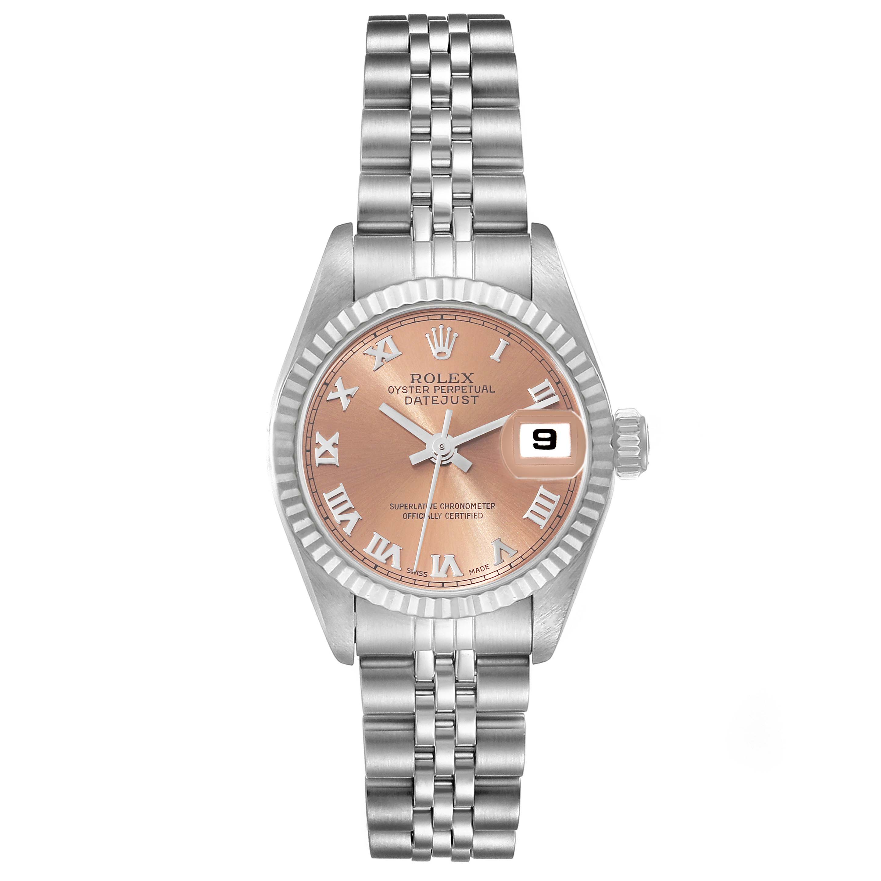 The Rolex Datejust 69174 Women's Stainless Steel Pink Dial 69174 Women's Stainless Steel Pink Dial watch is shown from the front, featuring its face, dial, date display, and bracelet.