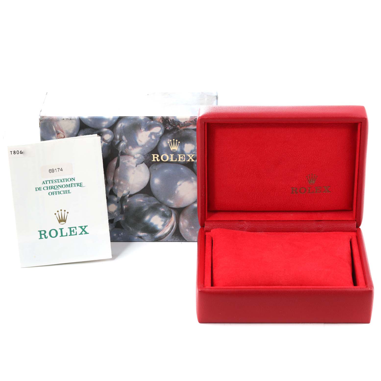 The image shows the packaging and certificate for a Rolex Datejust 69174 Women's Stainless Steel Pink Dial 69174 Women's Stainless Steel Pink Dial watch, including a red box and official documentation.