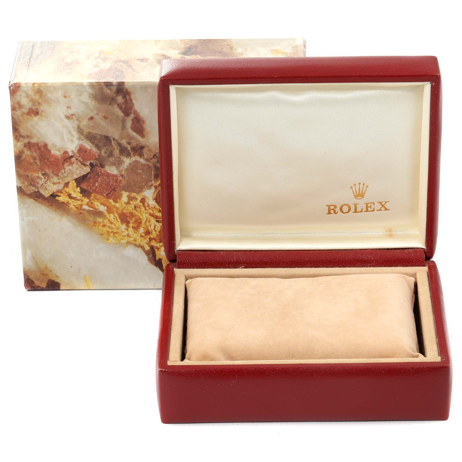 The image features an open Rolex Datejust 79174 Women's Stainless Steel Pink Dial 79174 Women's Stainless Steel Pink Dial watch box with a cushion and an outer branded cover.