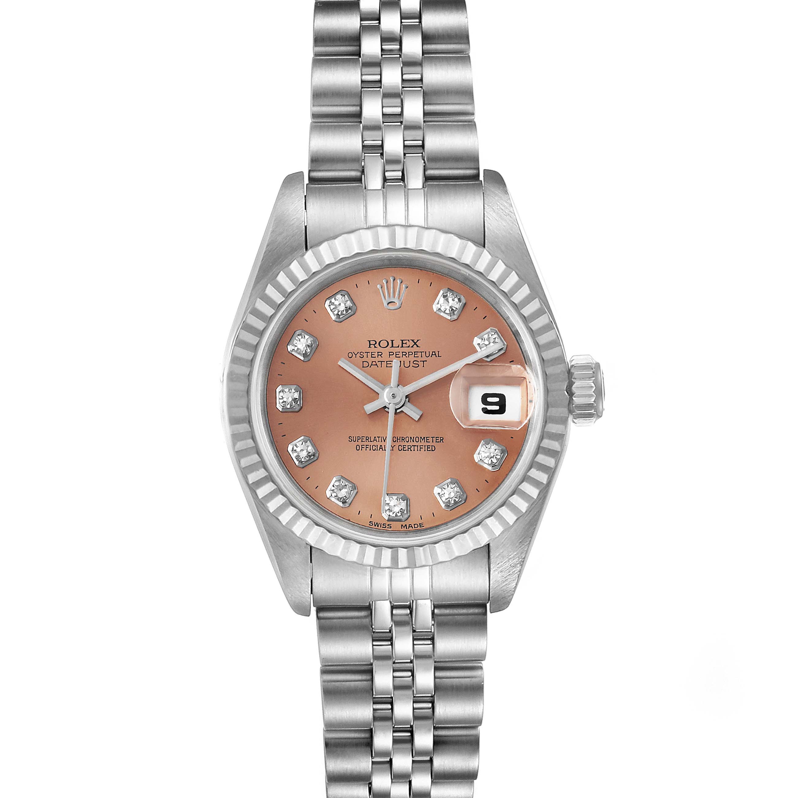 The image shows a frontal view of the Rolex Datejust 79174 Women's Stainless Steel Pink Dial 79174 Women's Stainless Steel Pink Dial watch, displaying its dial, bezel, bracelet, and date feature.
