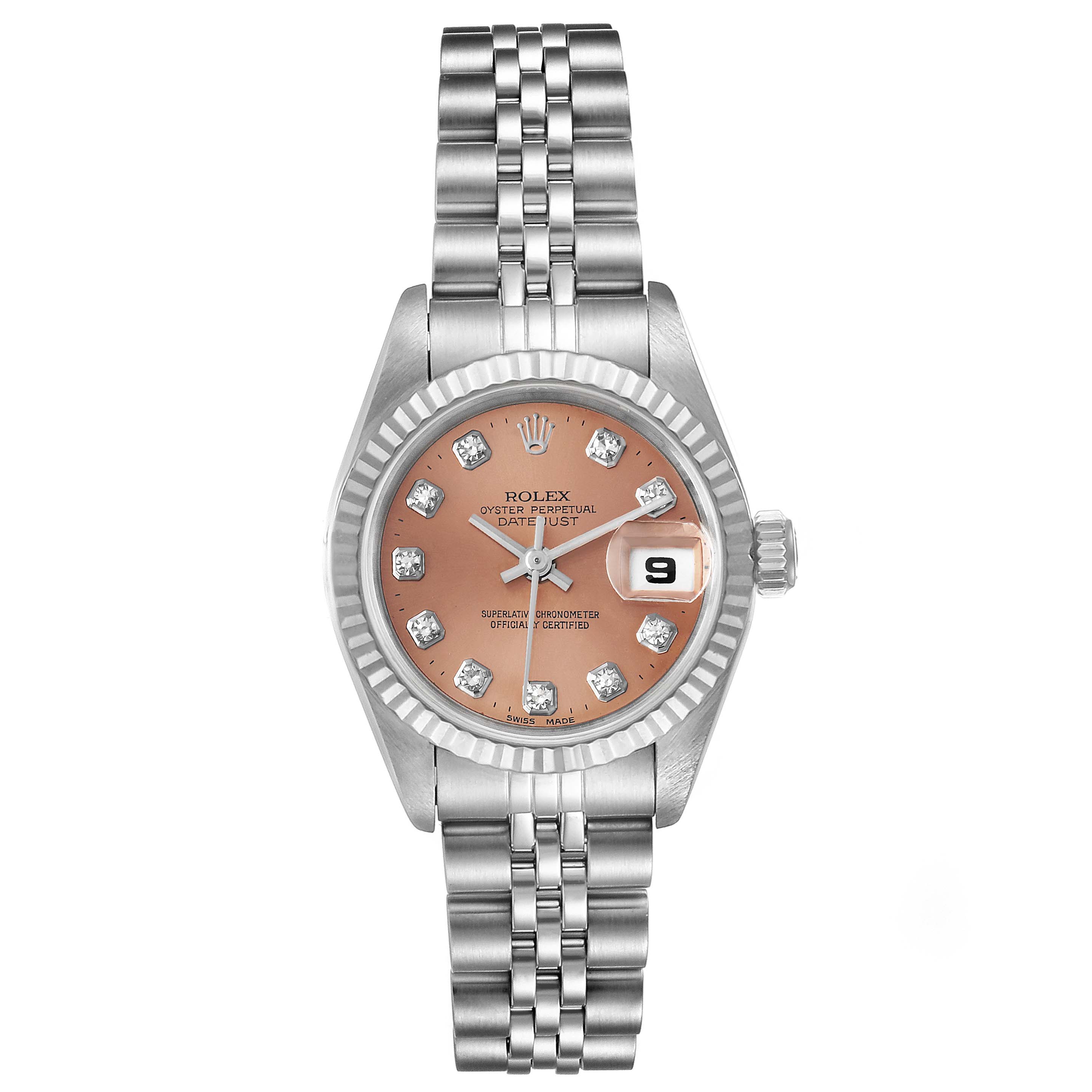 The Rolex Datejust 79174 Women's Stainless Steel Pink Dial 79174 Women's Stainless Steel Pink Dial watch is shown from a front angle, displaying the face, bezel, and bracelet.