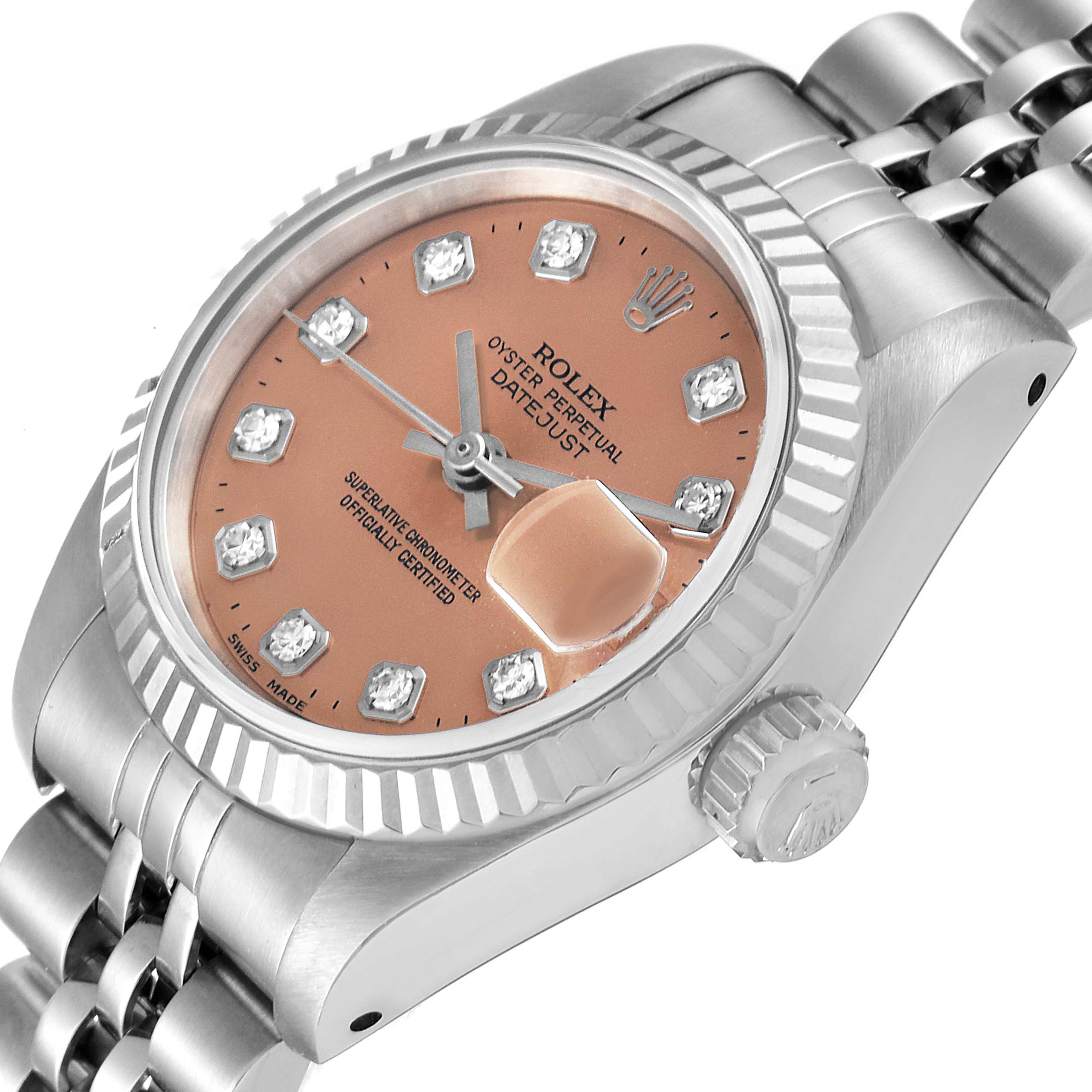 This image shows a close-up angle of a Rolex Datejust 79174 Women's Stainless Steel Pink Dial 79174 Women's Stainless Steel Pink Dial watch, highlighting its dial, bezel, crown, and part of its bracelet.