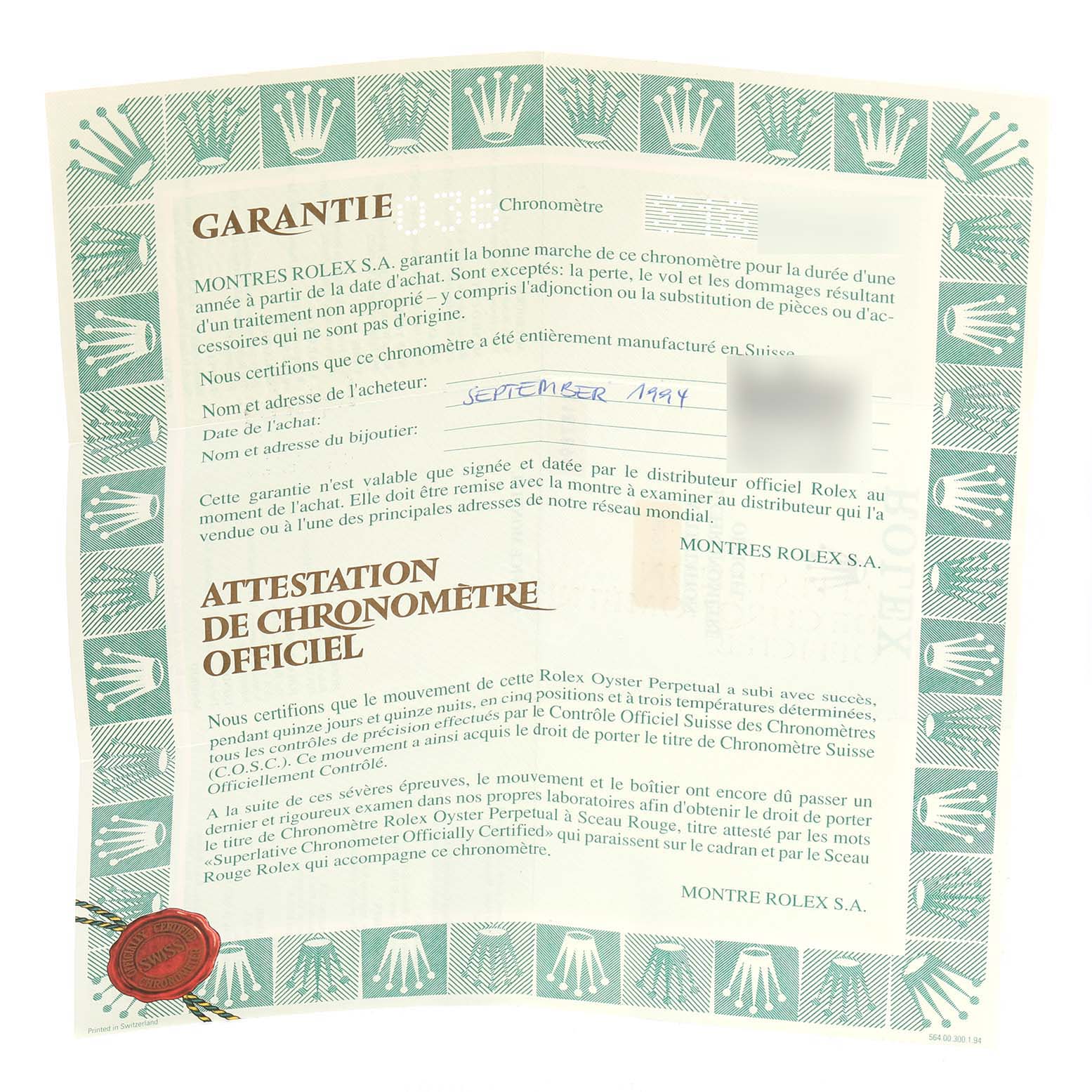 The image shows a guarantee certificate for the Rolex Datejust 79174 Women's Stainless Steel Pink Dial 79174 Women's Stainless Steel Pink Dial watch.