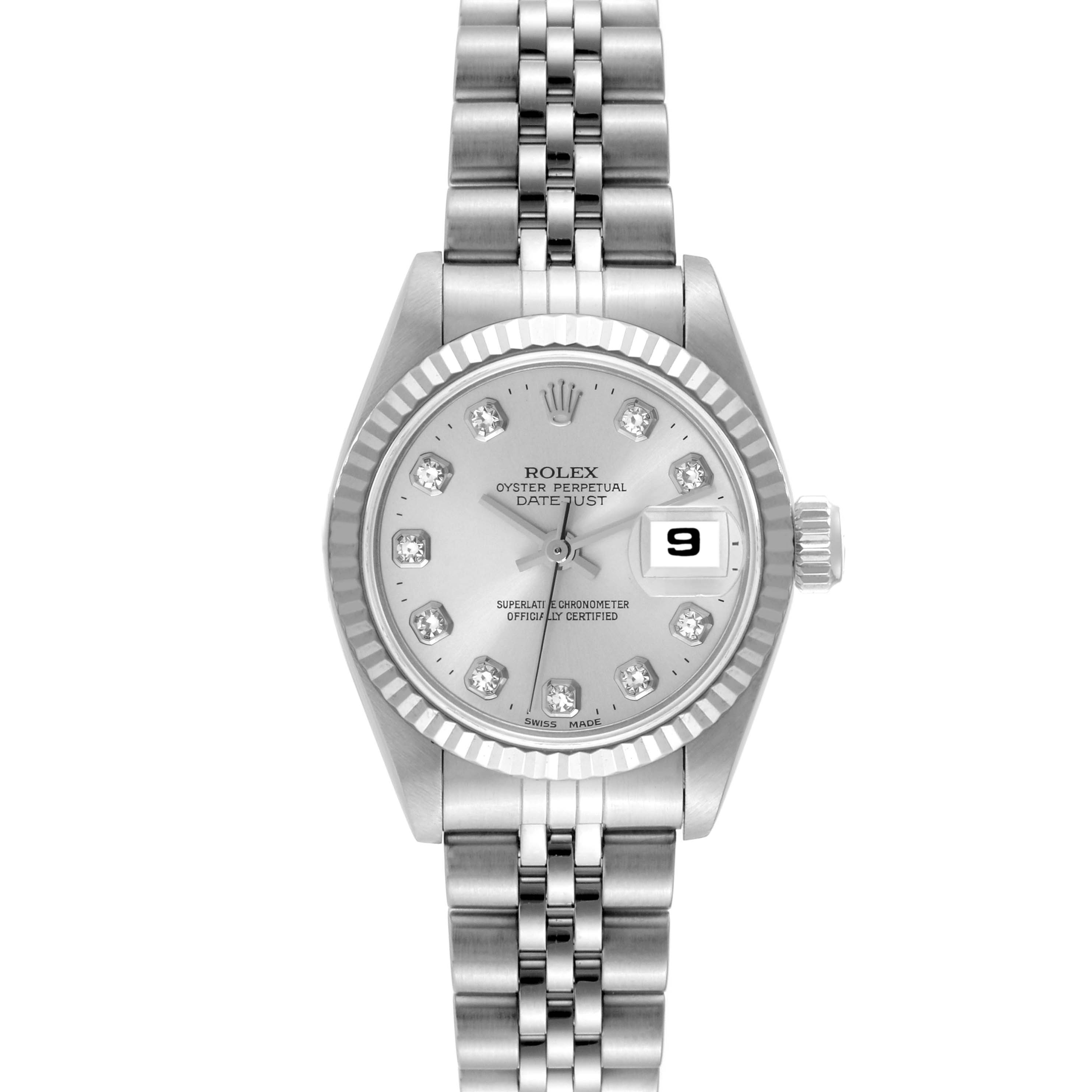 This image shows a front view of the Rolex Datejust 69174 Women's Stainless Steel Silver Dial 69174 Women's Stainless Steel Silver Dial watch, highlighting its dial, bezel, bracelet, and date window.