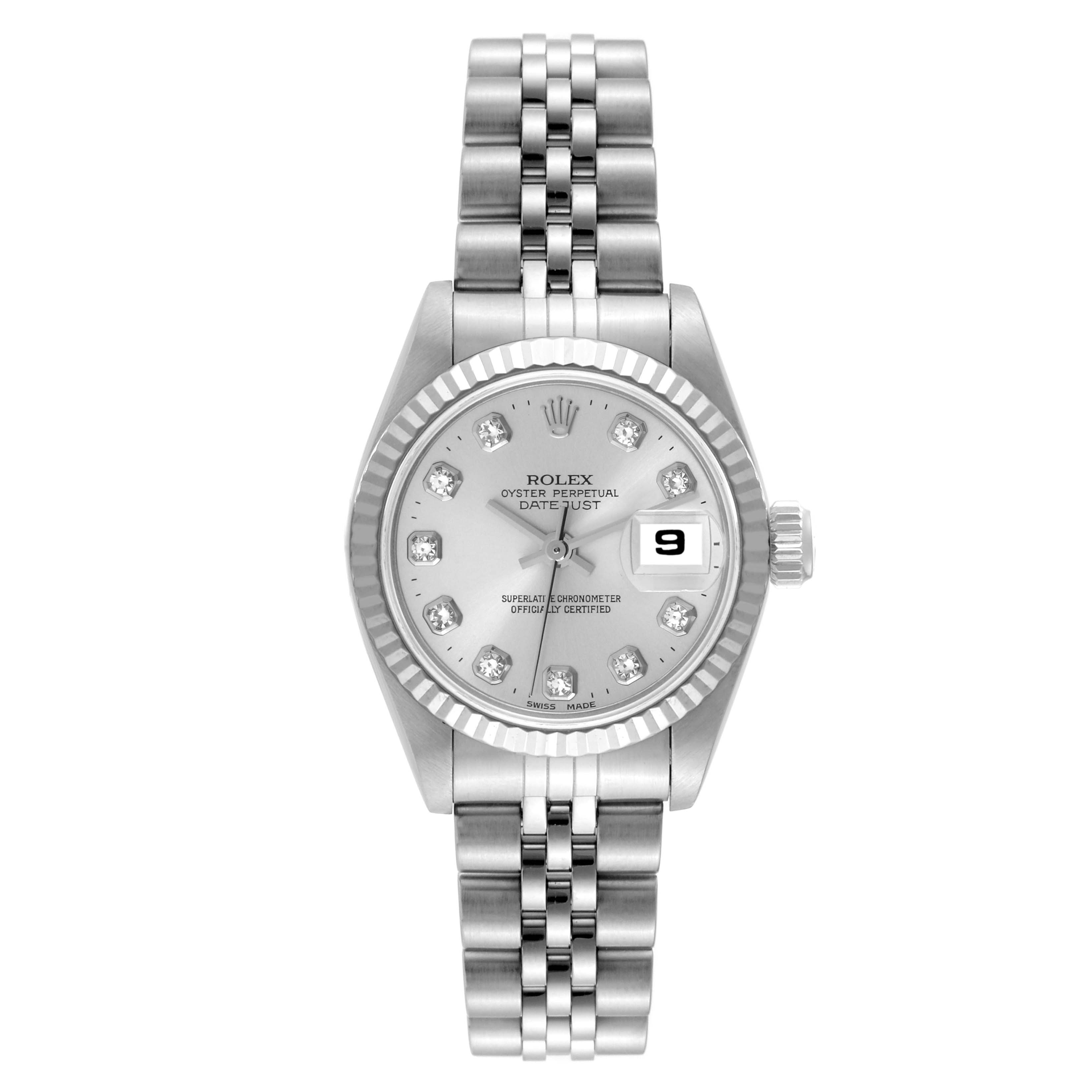 This image shows a Rolex Datejust 69174 Women's Stainless Steel Silver Dial 69174 Women's Stainless Steel Silver Dial watch from a frontal angle, highlighting the dial, bracelet, and bezel.