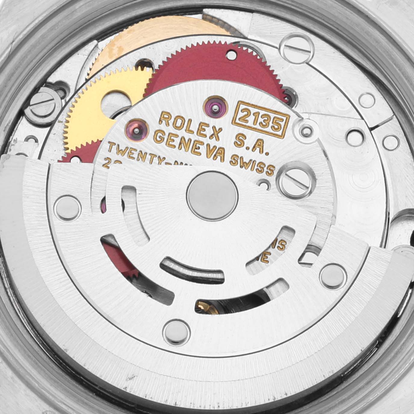 This image shows the internal mechanical movement of a Rolex Datejust 69174 Women's Stainless Steel Silver Dial 69174 Women's Stainless Steel Silver Dial watch from a top-down angle.