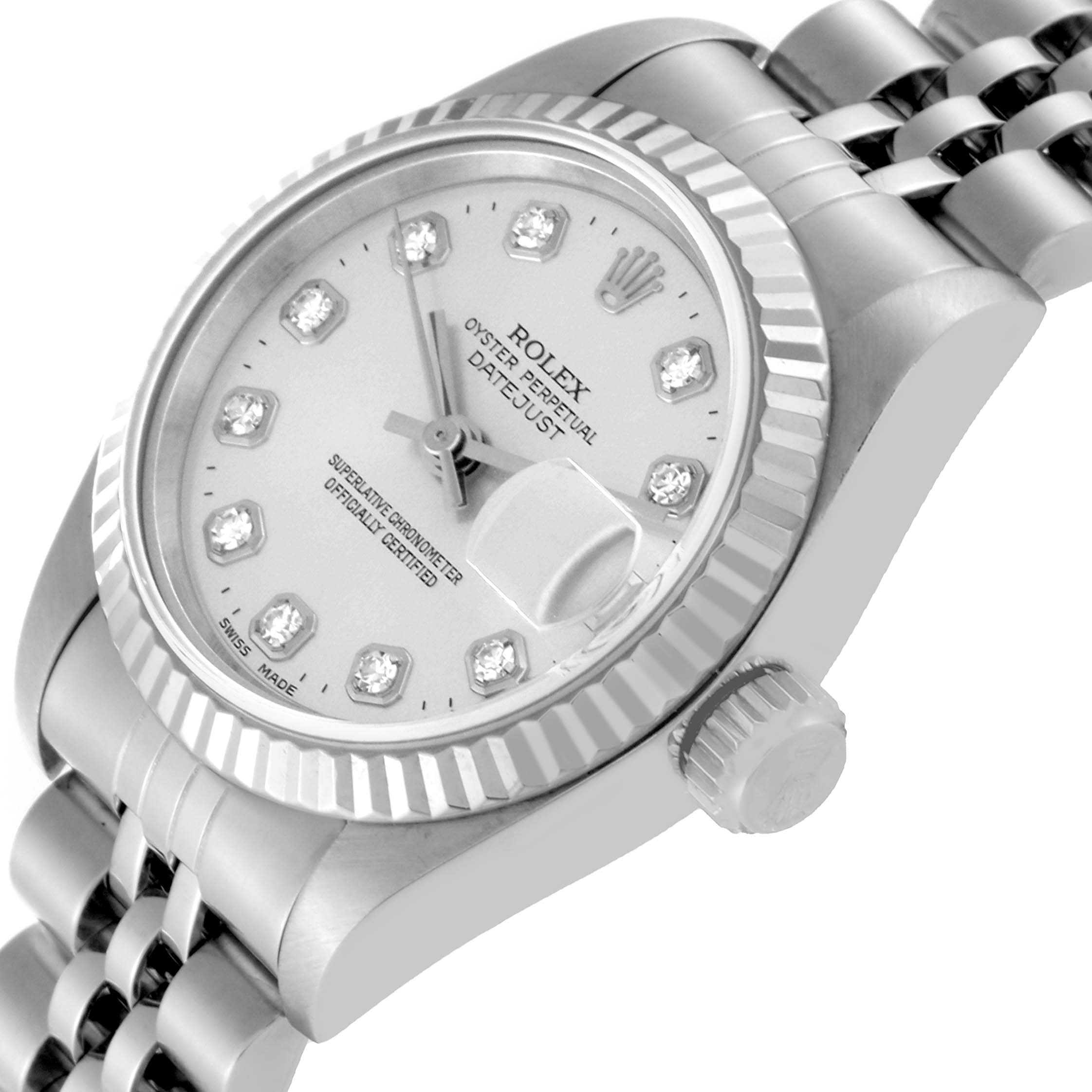 The image shows a close-up angled view of the Rolex Datejust 69174 Women's Stainless Steel Silver Dial 69174 Women's Stainless Steel Silver Dial watch, featuring its dial, crown, and part of its bracelet.
