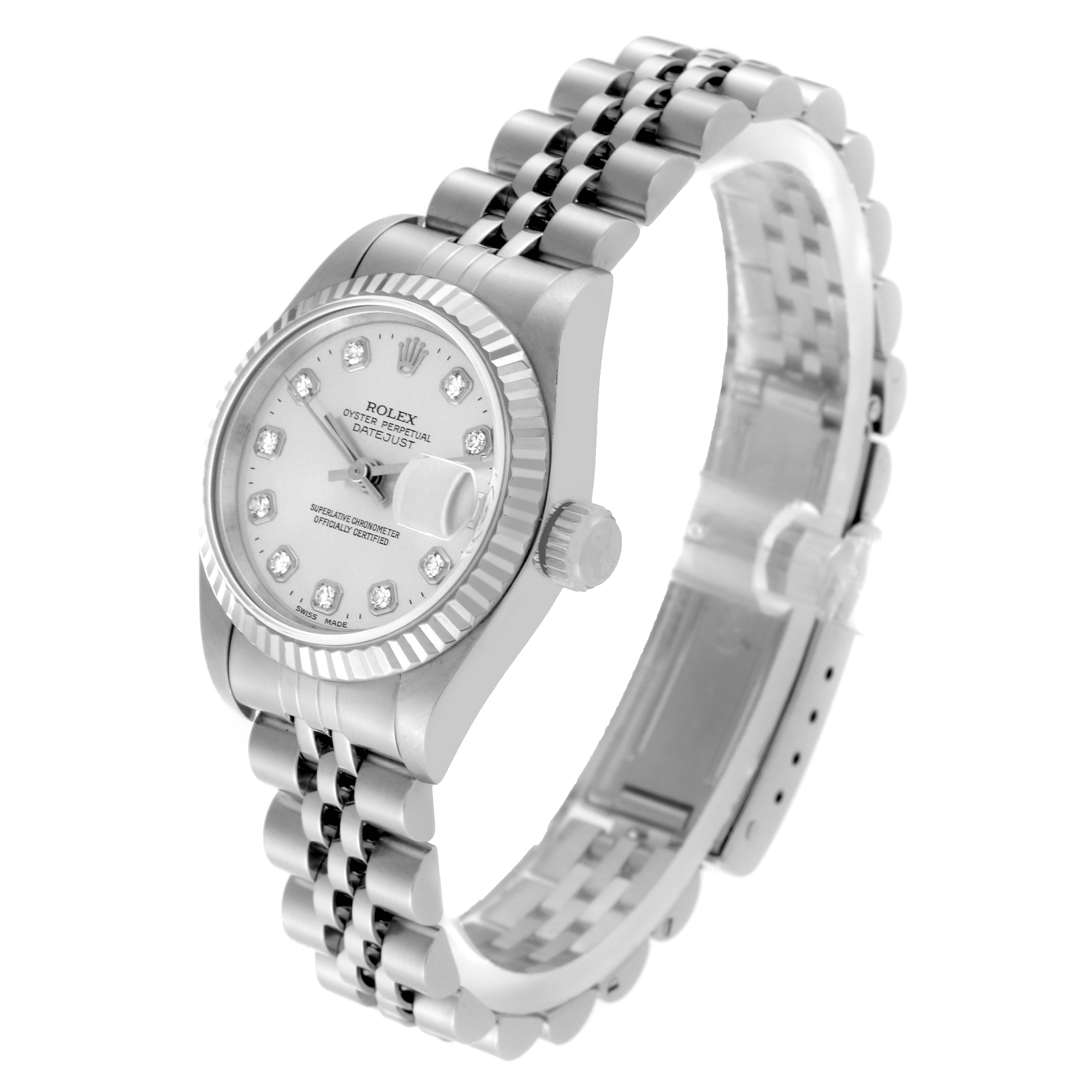 This image shows a Rolex Datejust 69174 Women's Stainless Steel Silver Dial 69174 Women's Stainless Steel Silver Dial watch at a three-quarter angle, highlighting its dial, crown, and jubilee bracelet.