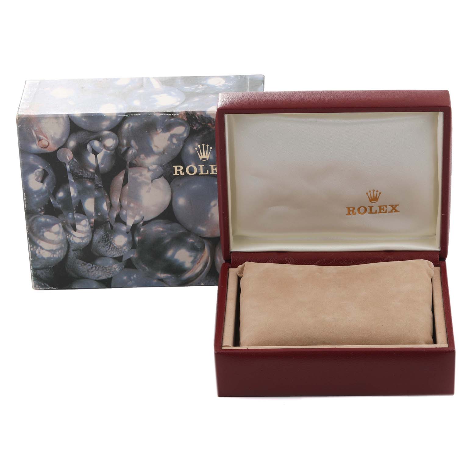 The image shows the box and cushion for a Rolex Datejust 69174 Women's Stainless Steel Silver Dial 69174 Women's Stainless Steel Silver Dial watch, featuring the external packaging and open inner box.