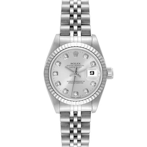 The Rolex Datejust model watch is shown from the front, displaying its dial, bezel, bracelet, and date window.