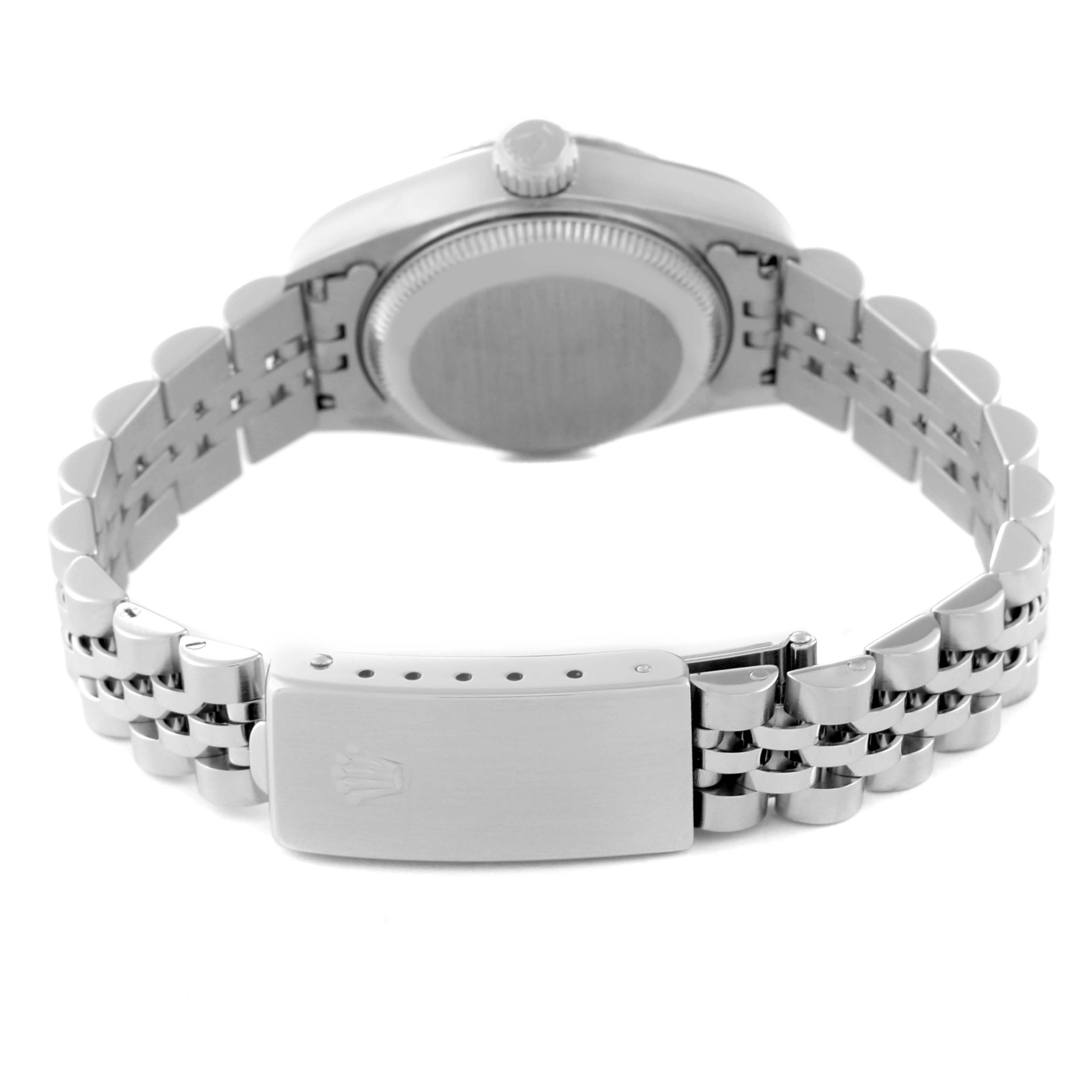 This image shows the back view of a Rolex Datejust 69174 Women's Stainless Steel Silver Dial 69174 Women's Stainless Steel Silver Dial watch, highlighting the case back, crown, and closed clasp of the bracelet.