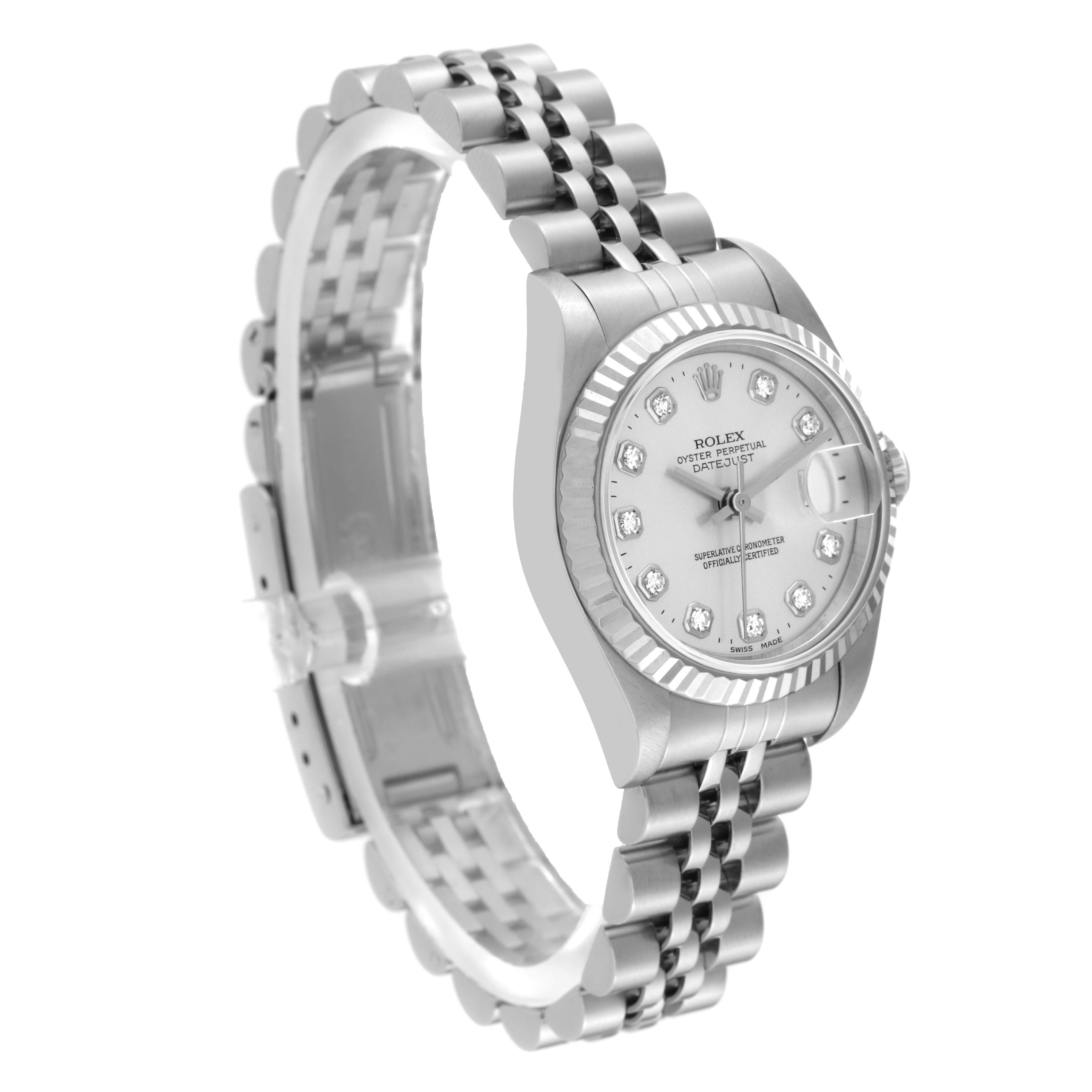 The Rolex Datejust 69174 Women's Stainless Steel Silver Dial 69174 Women's Stainless Steel Silver Dial watch is shown at a front-left angle, displaying its bracelet, bezel, dial, and crown.