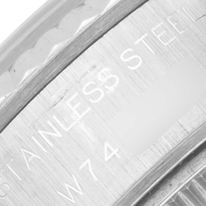 This close-up showcases the stainless steel case back of a Rolex Datejust 69174 Women's Stainless Steel Silver Dial 69174 Women's Stainless Steel Silver Dial watch.