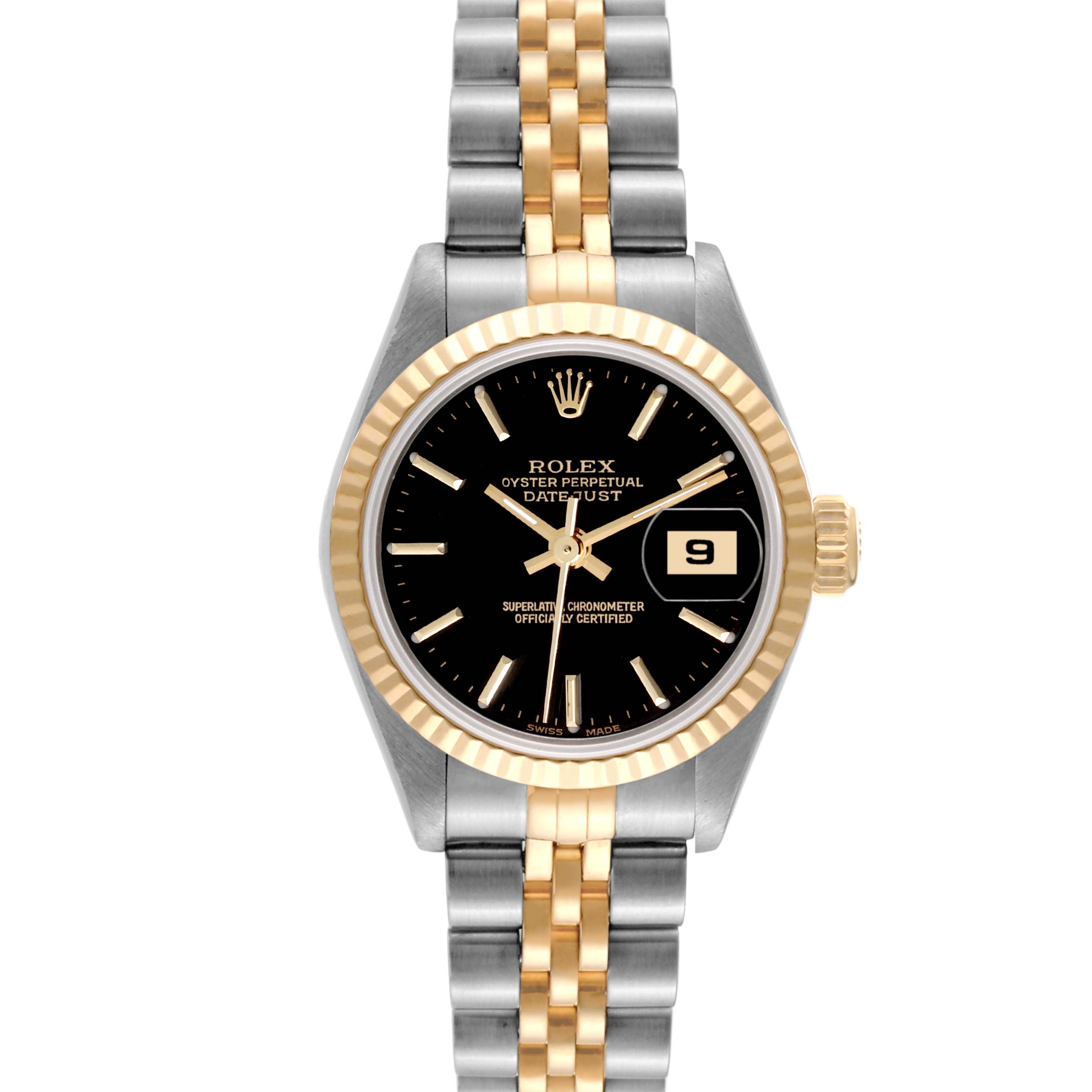 The image shows a Rolex Datejust 79173 Women's Steel and Gold (two tone) Black Dial 79173 Women's Steel and Gold (two tone) Black Dial watch from a front angle, featuring a gold and silver bracelet, a black dial, and a date window.
