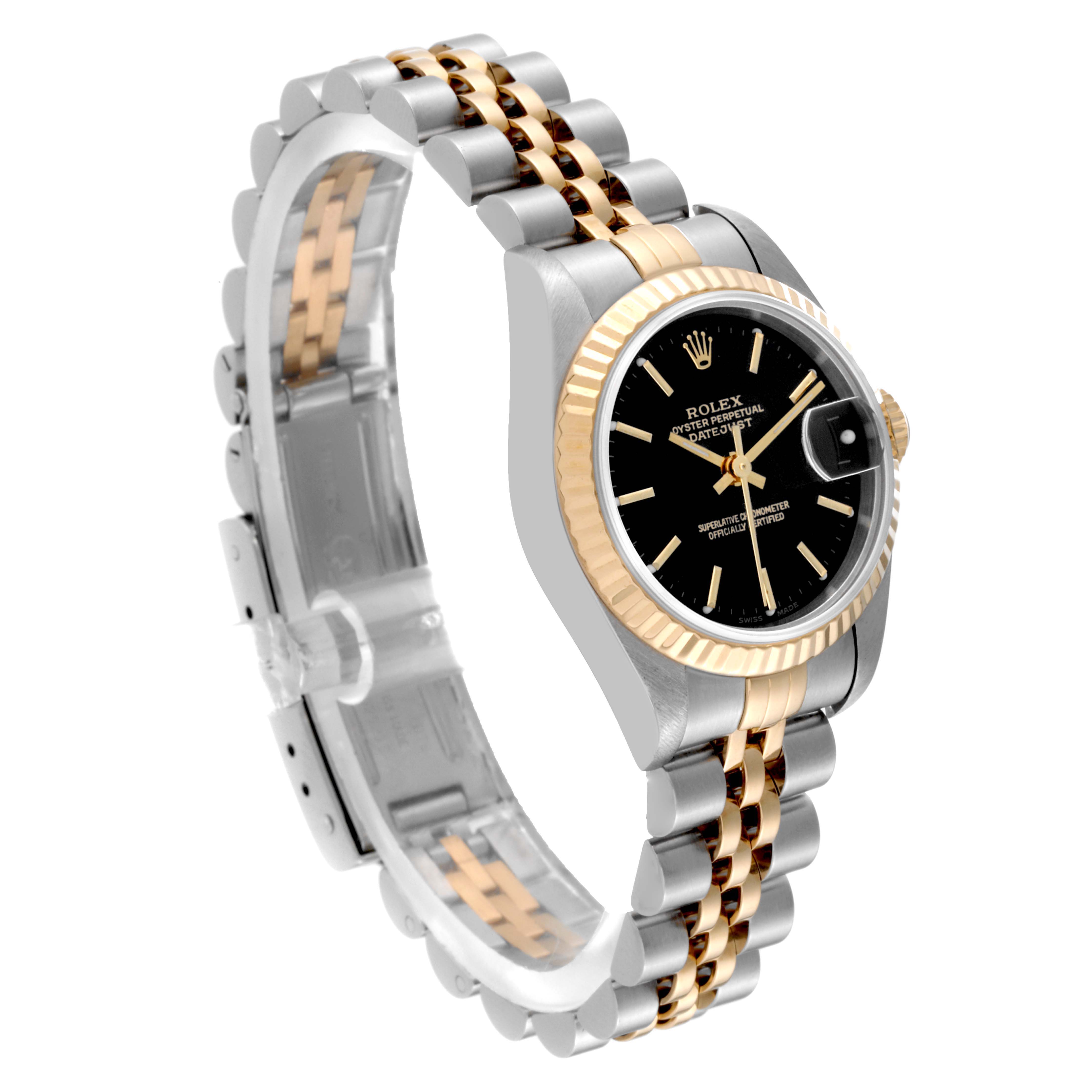 This image shows a side angle of the Rolex Datejust 79173 Women's Steel and Gold (two tone) Black Dial 79173 Women's Steel and Gold (two tone) Black Dial watch, highlighting the gold and silver bracelet and the black dial.