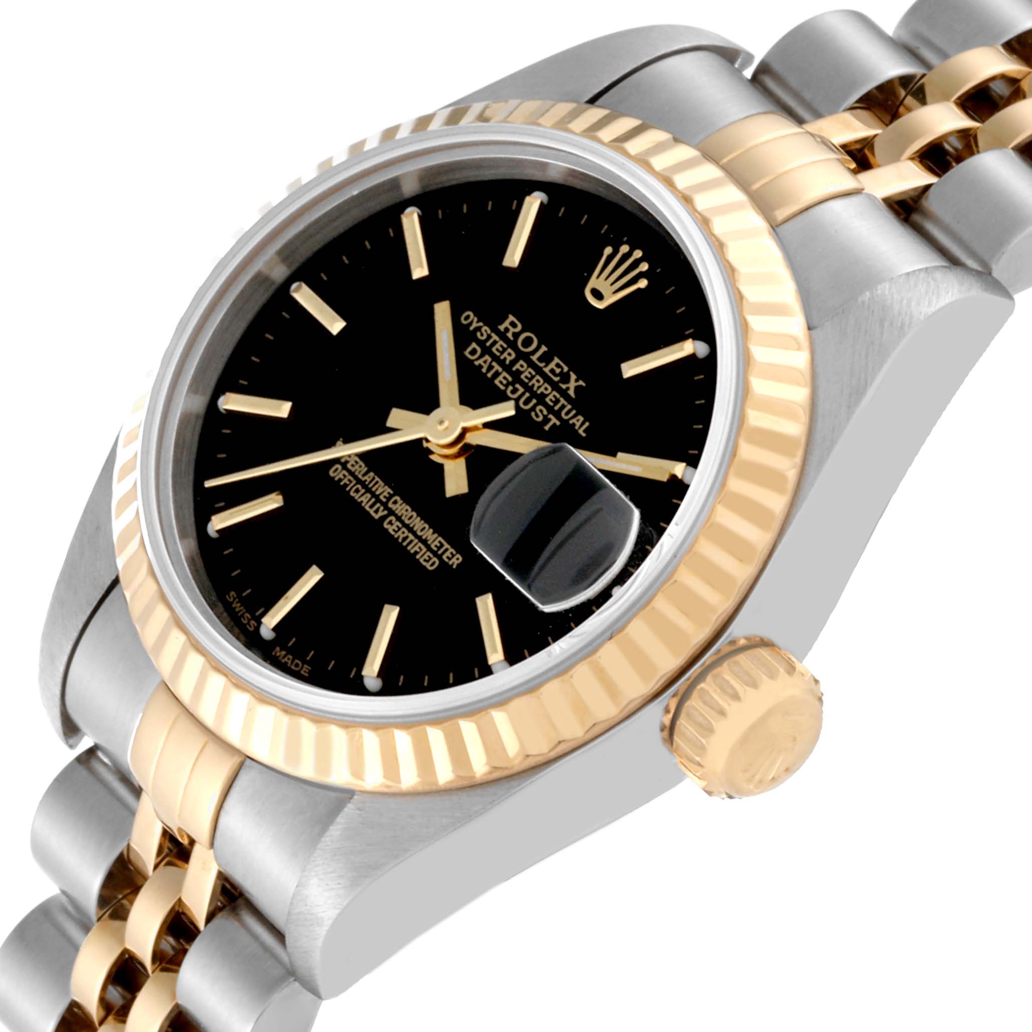 The image shows a close-up angle of a Rolex Datejust 79173 Women's Steel and Gold (two tone) Black Dial 79173 Women's Steel and Gold (two tone) Black Dial, highlighting the bezel, crown, bracelet, and part of the black dial.