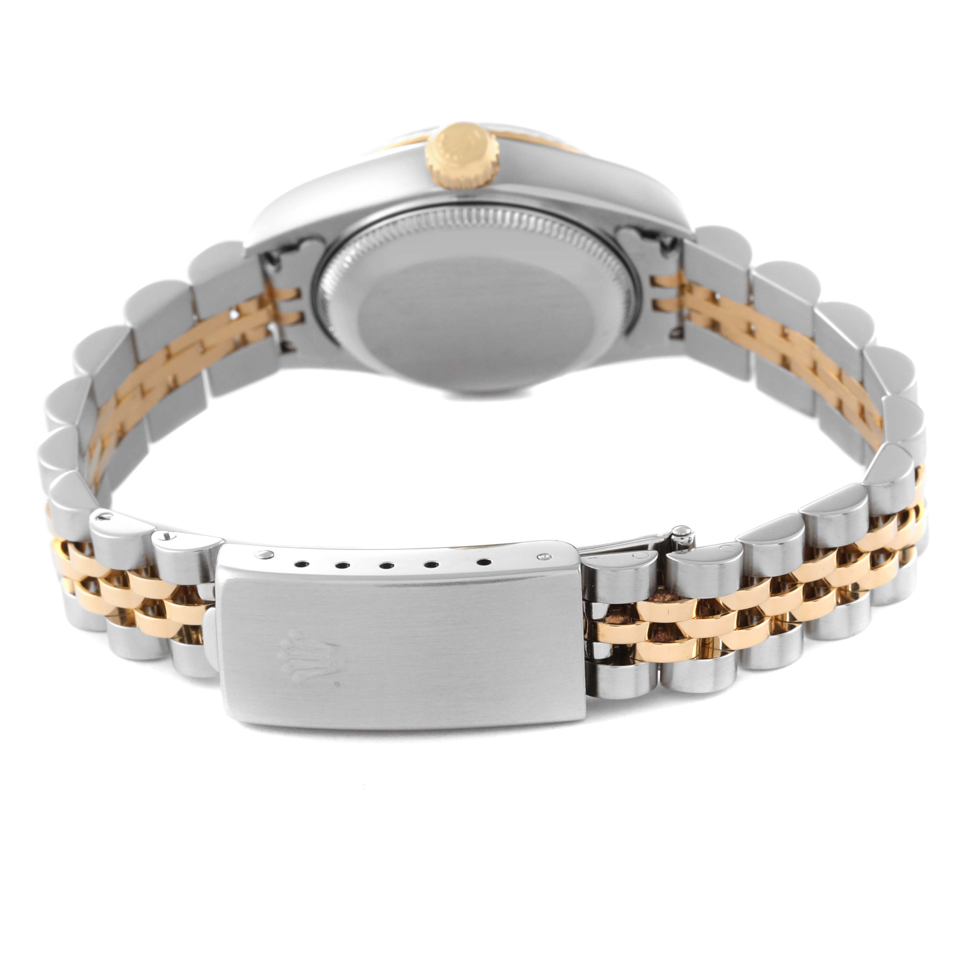 This image shows the underside of a Rolex Datejust 79173 Women's Steel and Gold (two tone) Black Dial 79173 Women's Steel and Gold (two tone) Black Dial watch, including its case back, crown, and two-tone Jubilee bracelet with clasp.