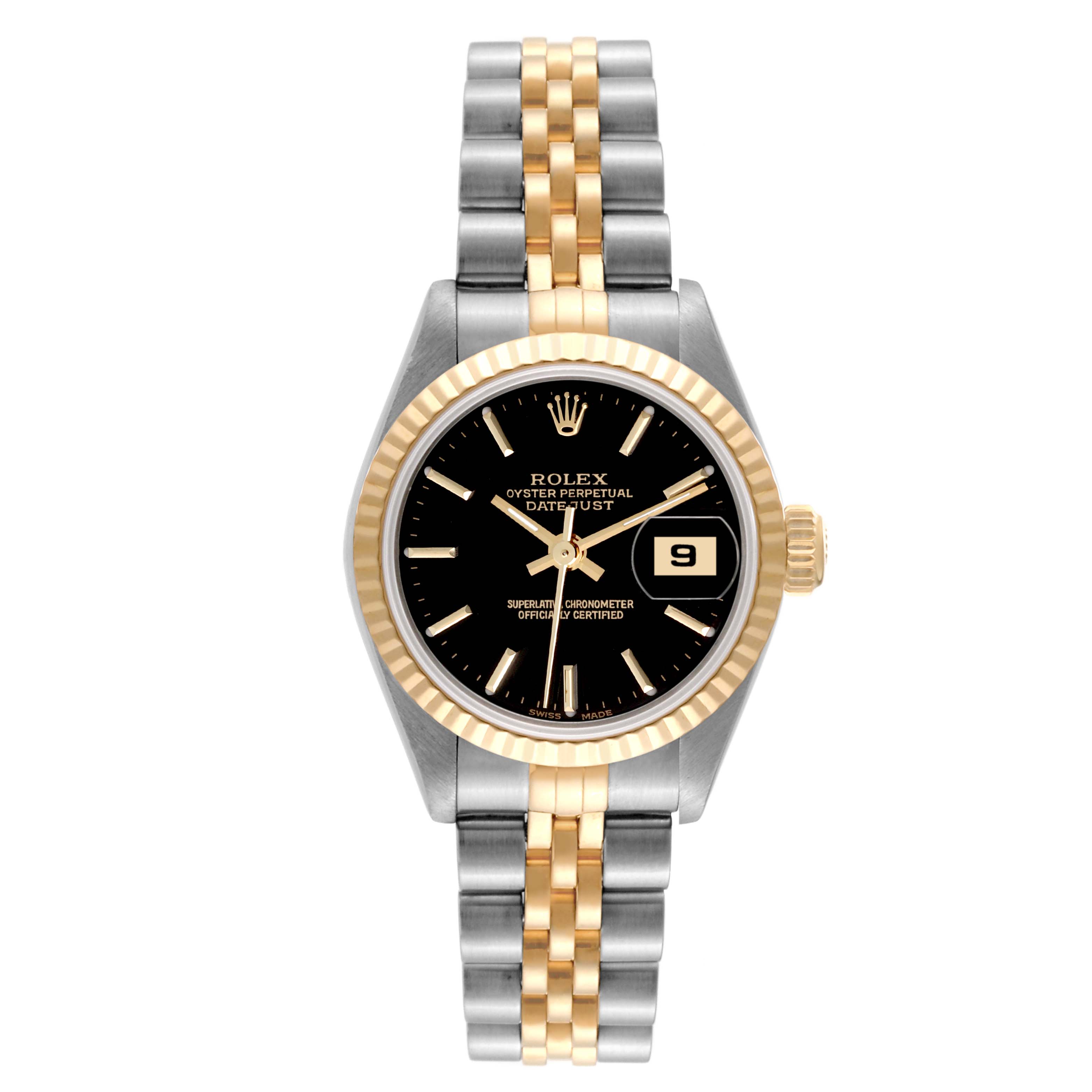 The image shows a front view of the Rolex Datejust 79173 Women's Steel and Gold (two tone) Black Dial 79173 Women's Steel and Gold (two tone) Black Dial watch, displaying its black dial, gold fluted bezel, two-tone bracelet, and date window.