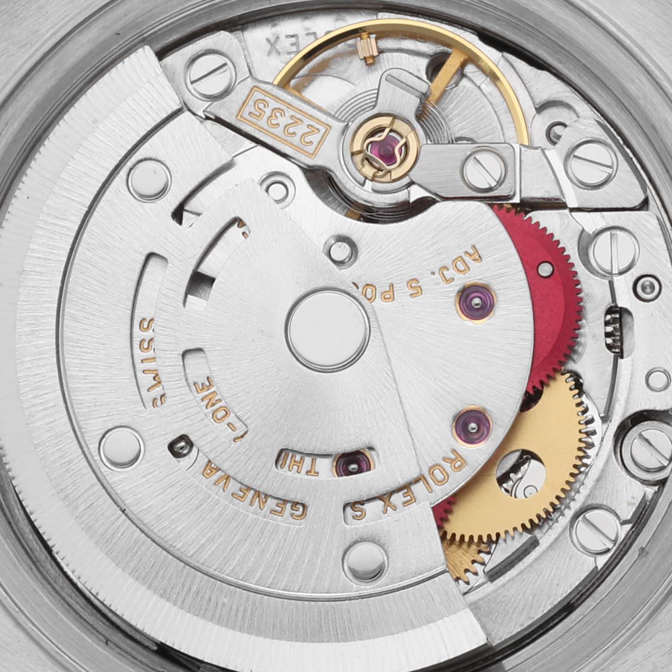 The image shows a close-up of the movement mechanism of a Rolex Datejust 79173 Women's Steel and Gold (two tone) Black Dial 79173 Women's Steel and Gold (two tone) Black Dial watch, highlighting gears and internal components.