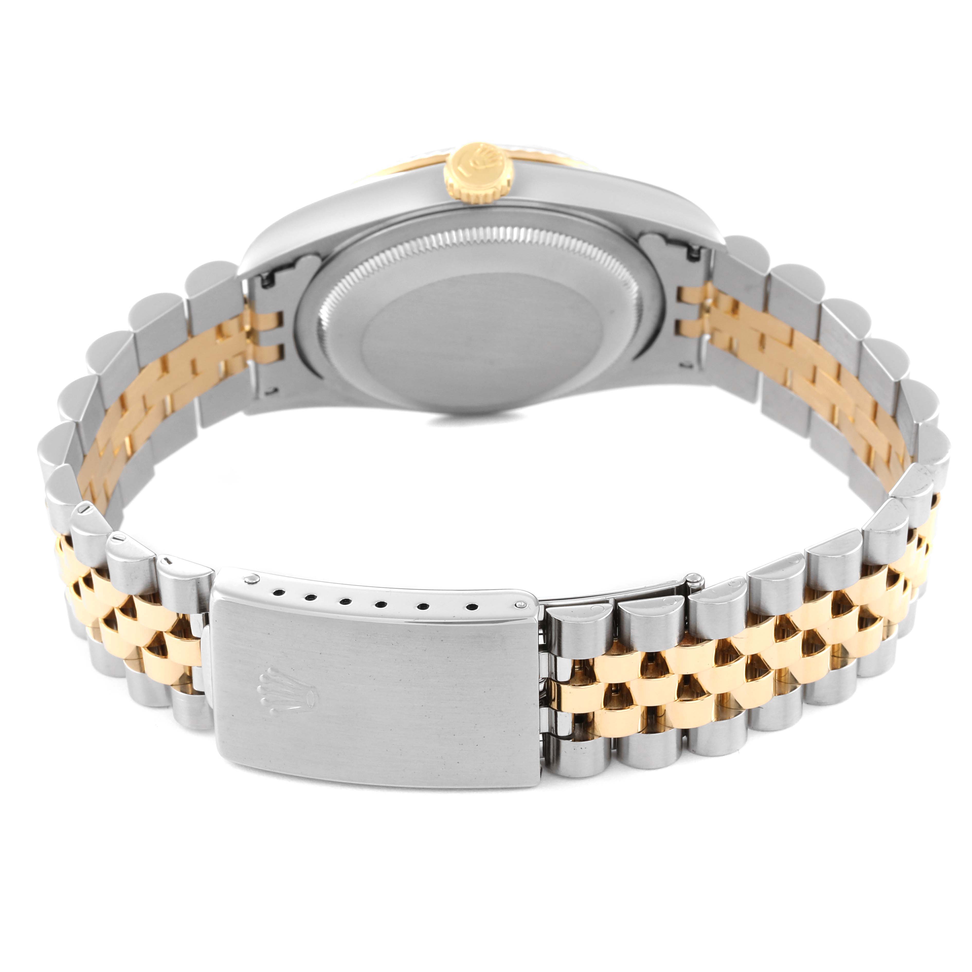 The image shows the clasp, bracelet, and case back of a Rolex Datejust 16233 Men's Steel and Gold (two tone) Black Dial 16233 Men's Steel and Gold (two tone) Black Dial watch from a rear angle.