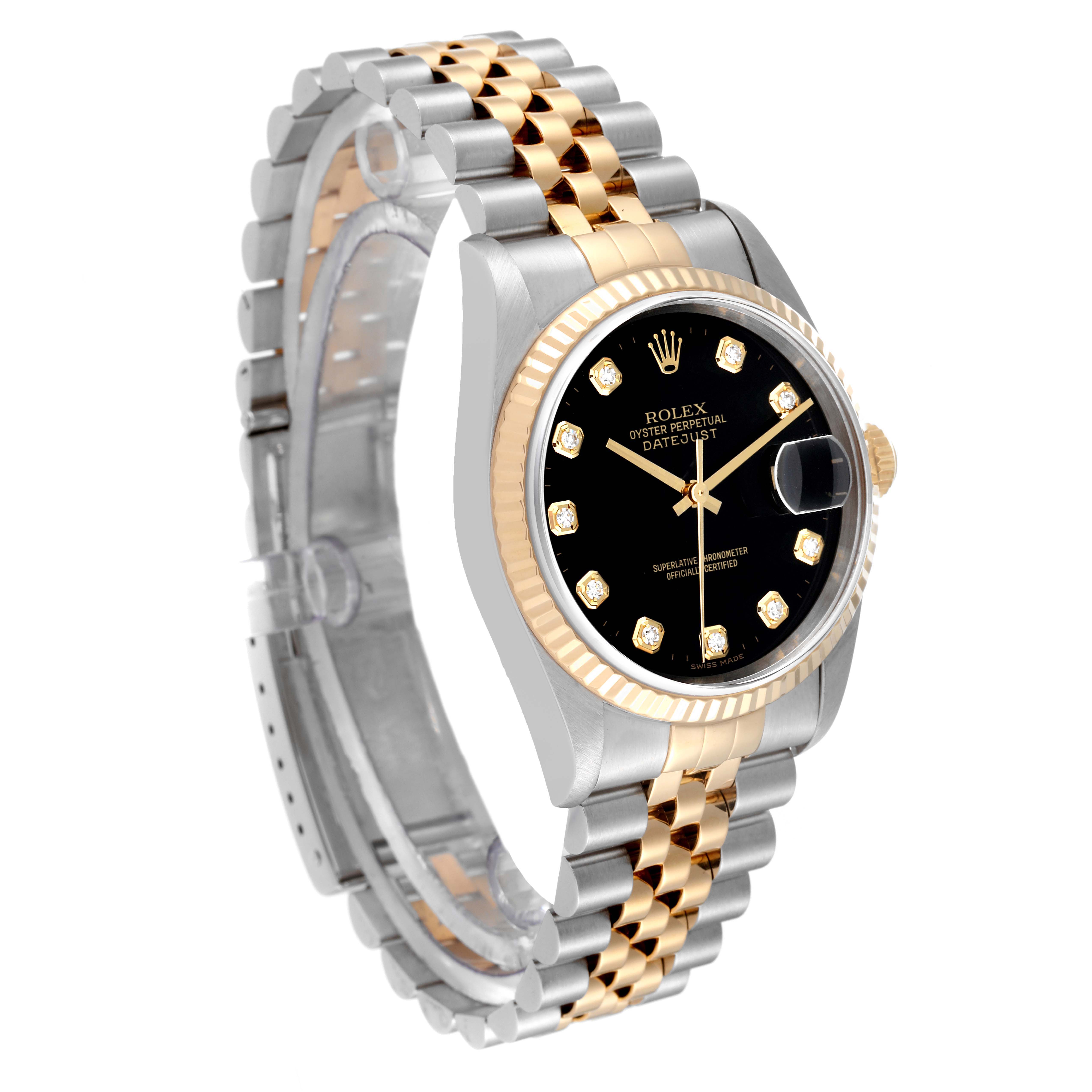 The image shows a Rolex Datejust 16233 Men's Steel and Gold (two tone) Black Dial 16233 Men's Steel and Gold (two tone) Black Dial model, viewed from a front-left angle, displaying its two-tone bracelet, black dial, and gold bezel.