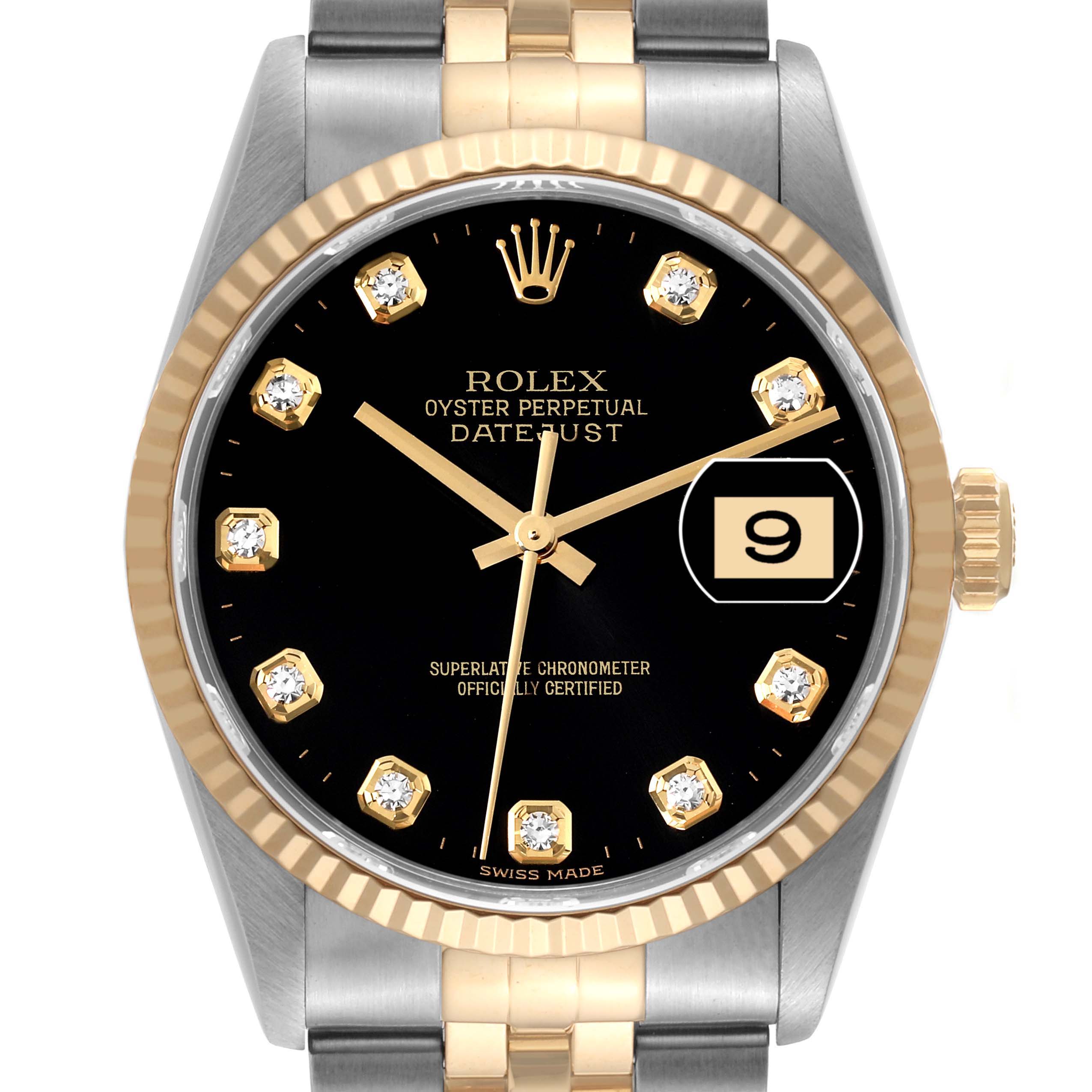 The image shows a close-up of the face and bezel of a Rolex Datejust 16233 Men's Steel and Gold (two tone) Black Dial 16233 Men's Steel and Gold (two tone) Black Dial watch, highlighting its gold accents and date display.