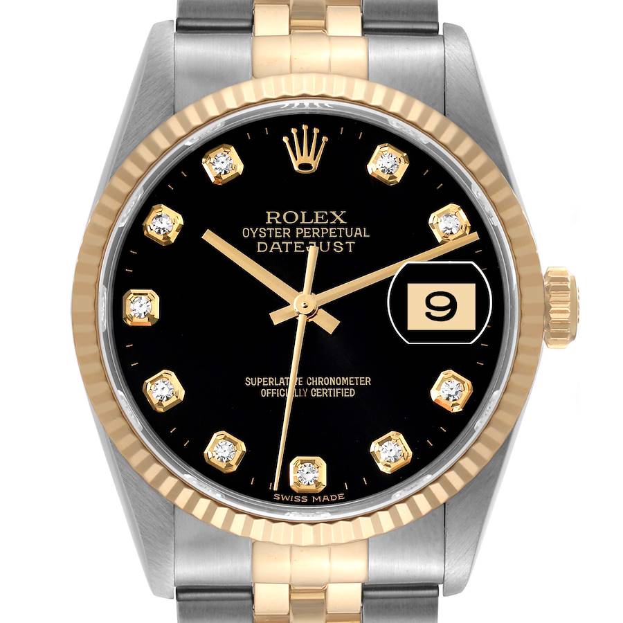 Rolex Datejust Steel Yellow Gold Black Diamond Dial Mens Watch 16233 SwissWatchExpo