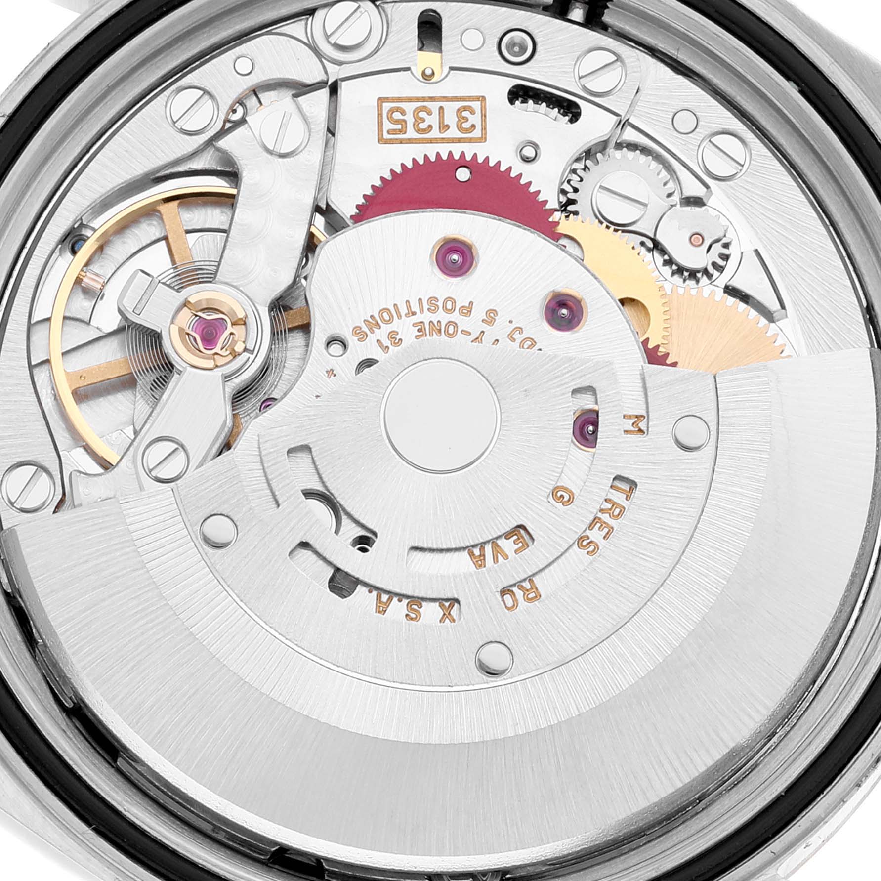 This image shows a close-up of the mechanical movement inside a Rolex Datejust 16233 Men's Steel and Gold (two tone) Black Dial 16233 Men's Steel and Gold (two tone) Black Dial watch.