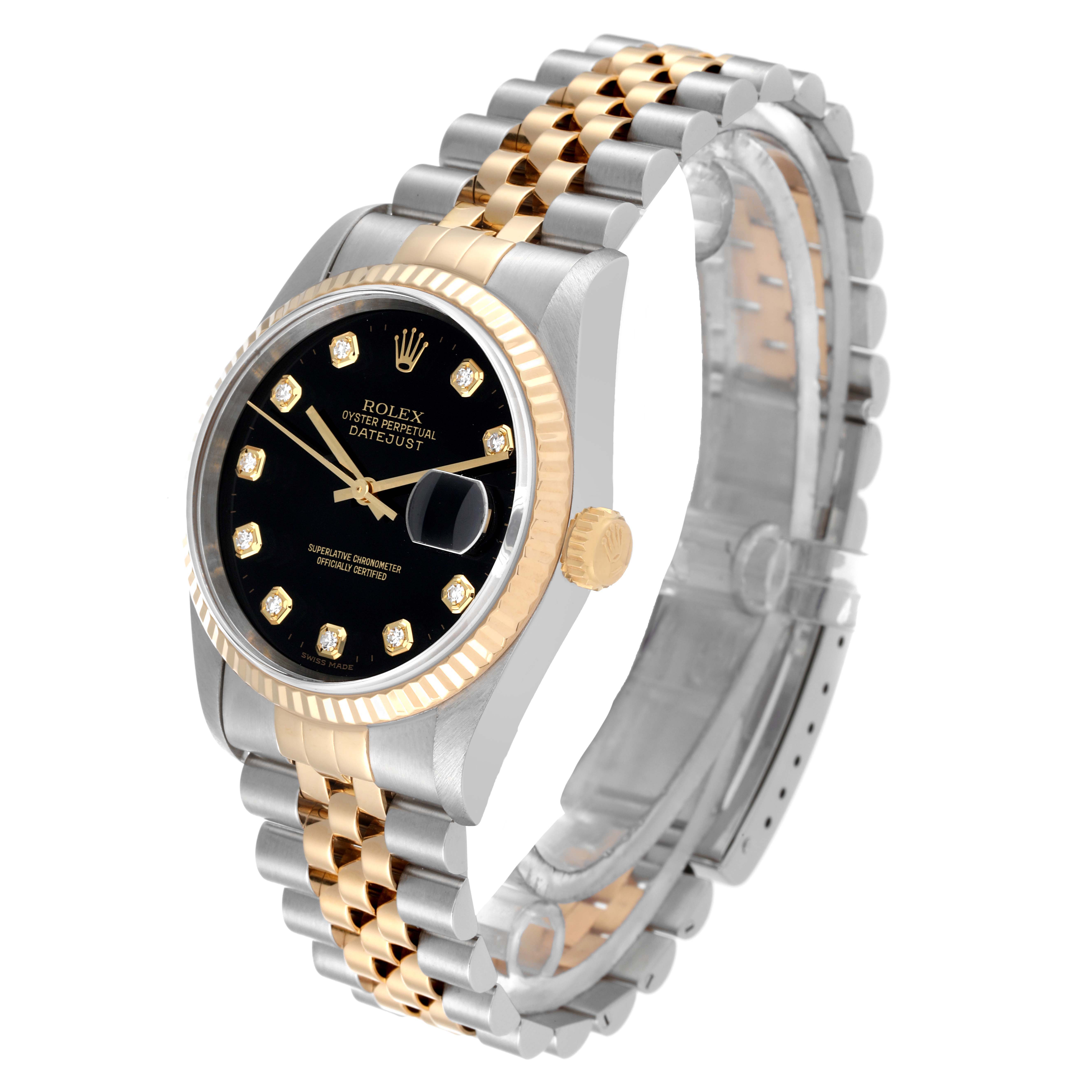 The image shows a Rolex Datejust 16233 Men's Steel and Gold (two tone) Black Dial 16233 Men's Steel and Gold (two tone) Black Dial watch at an angle displaying its dial, fluted bezel, crown, and two-tone Jubilee bracelet.