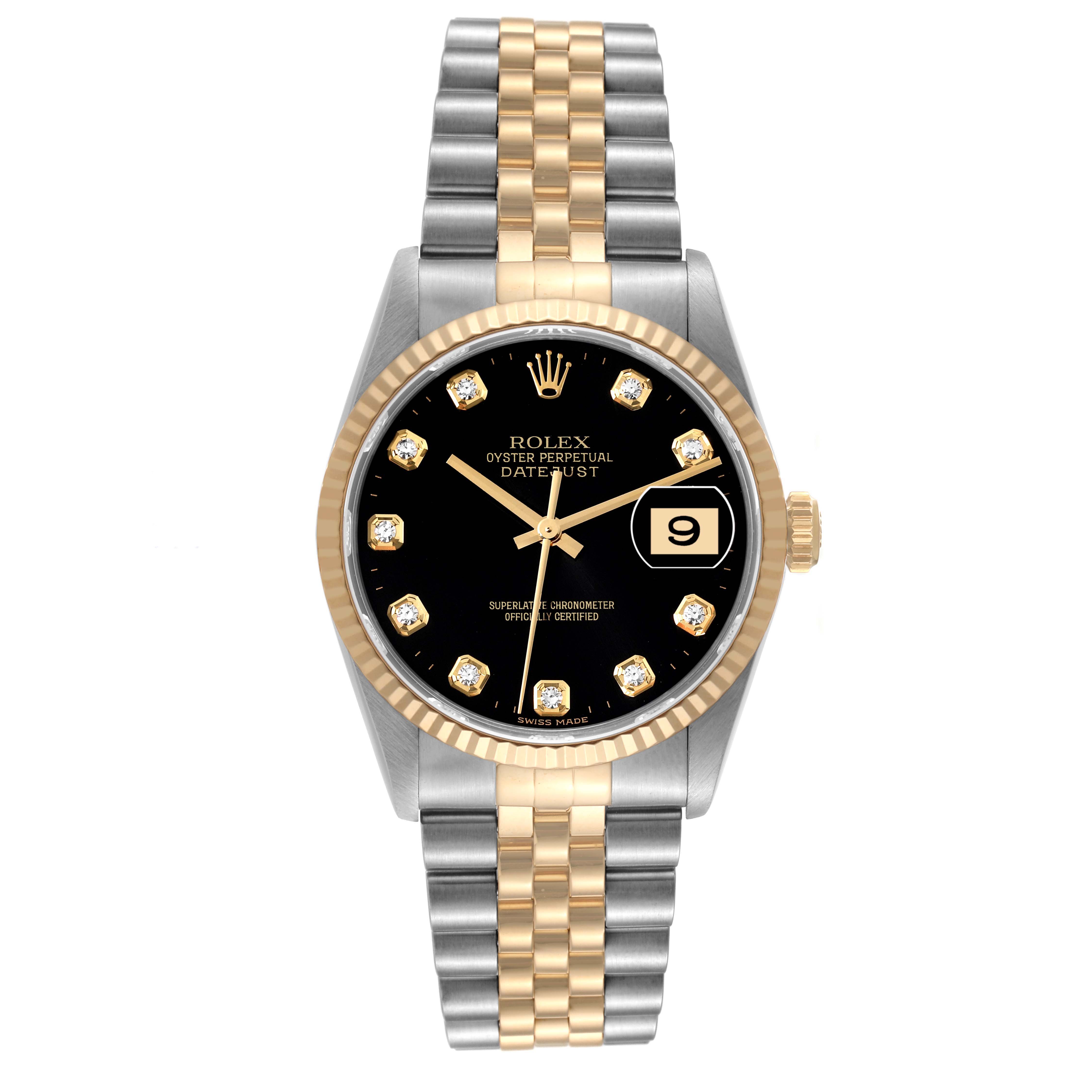 This image shows a Rolex Datejust 16233 Men's Steel and Gold (two tone) Black Dial 16233 Men's Steel and Gold (two tone) Black Dial watch from a front angle, featuring a two-tone bracelet and black dial with diamond hour markers.