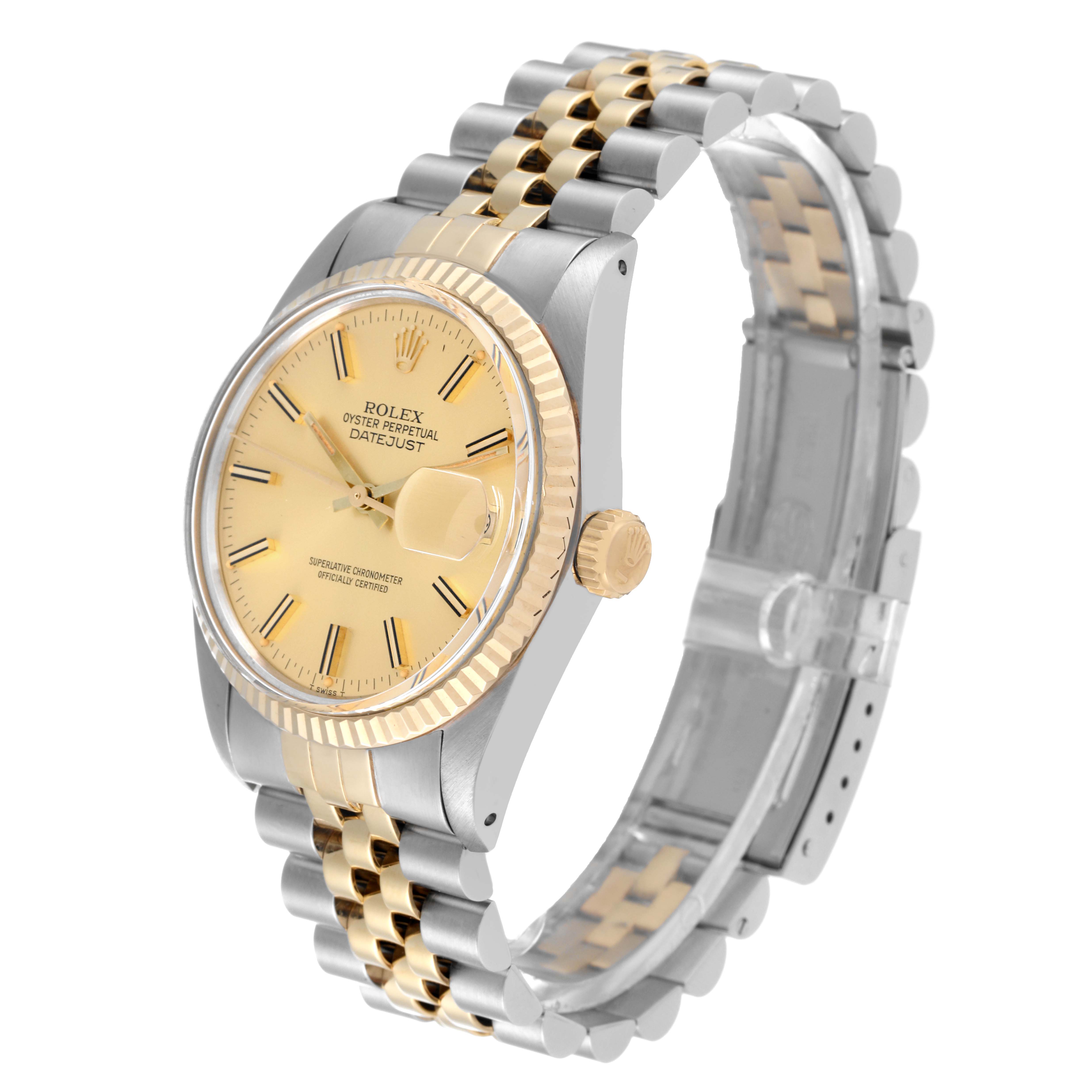The image shows a Rolex Datejust 16013 Men's Steel and Gold (two tone) Champagne Dial 16013 Men's Steel and Gold (two tone) Champagne Dial watch at an angle highlighting its face, bezel, crown, and jubilee bracelet.