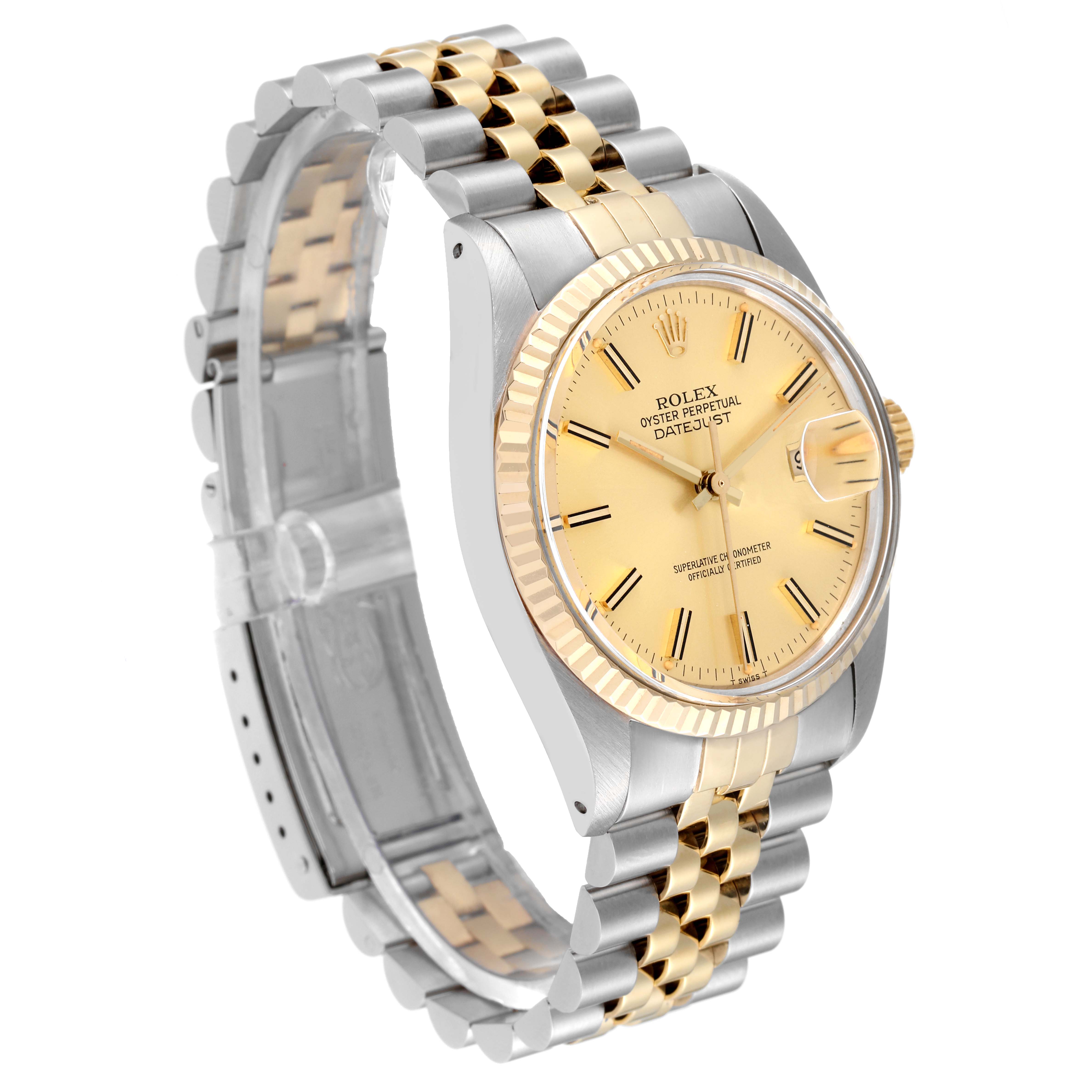This Rolex Datejust 16013 Men's Steel and Gold (two tone) Champagne Dial 16013 Men's Steel and Gold (two tone) Champagne Dial model watch is shown at an angled side view, displaying its two-tone metal bracelet, gold bezel, and face.