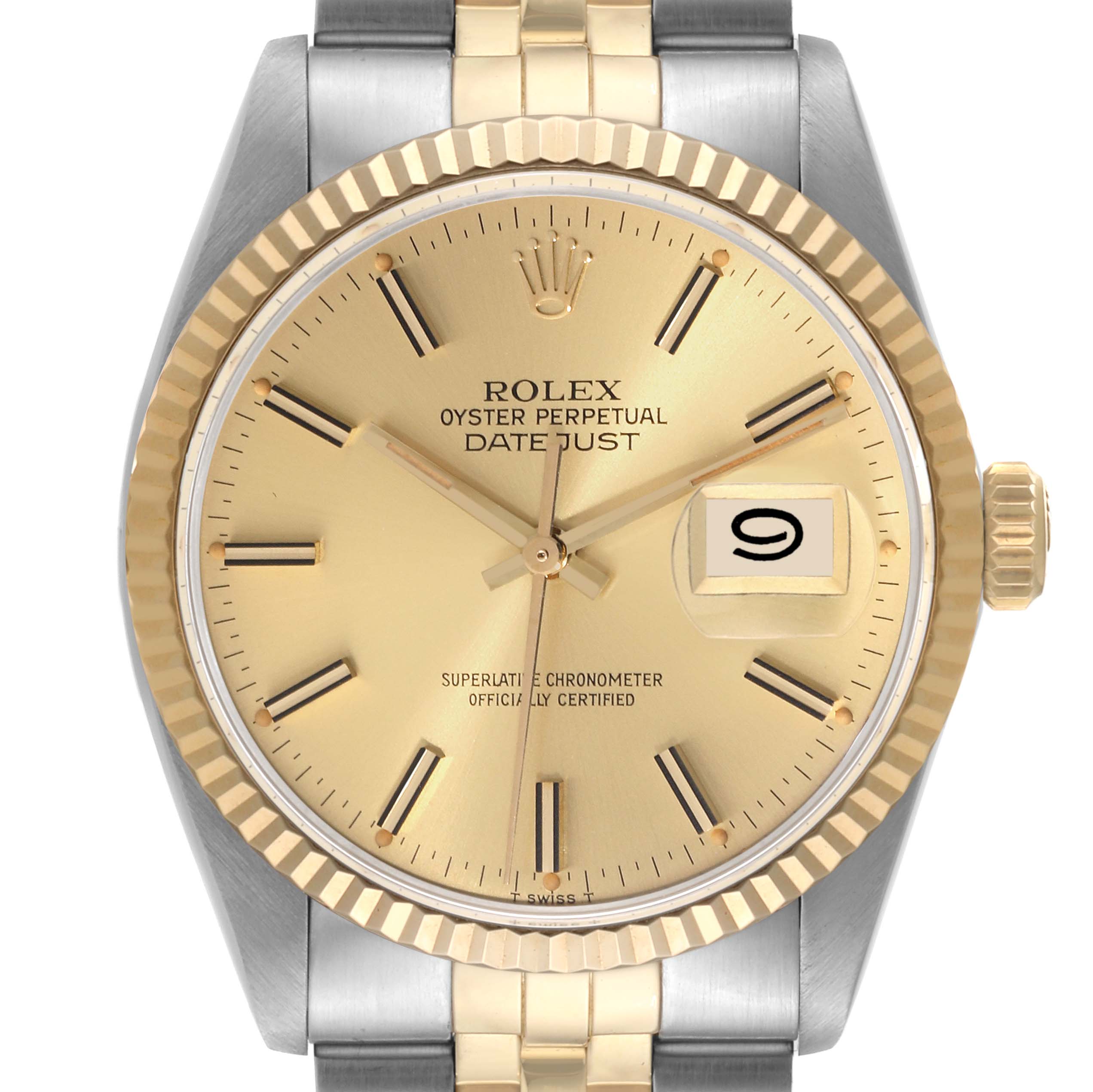 The image shows the Rolex Datejust 16013 Men's Steel and Gold (two tone) Champagne Dial 16013 Men's Steel and Gold (two tone) Champagne Dial watch from a front-facing angle, highlighting its dial, bezel, and part of the bracelet.