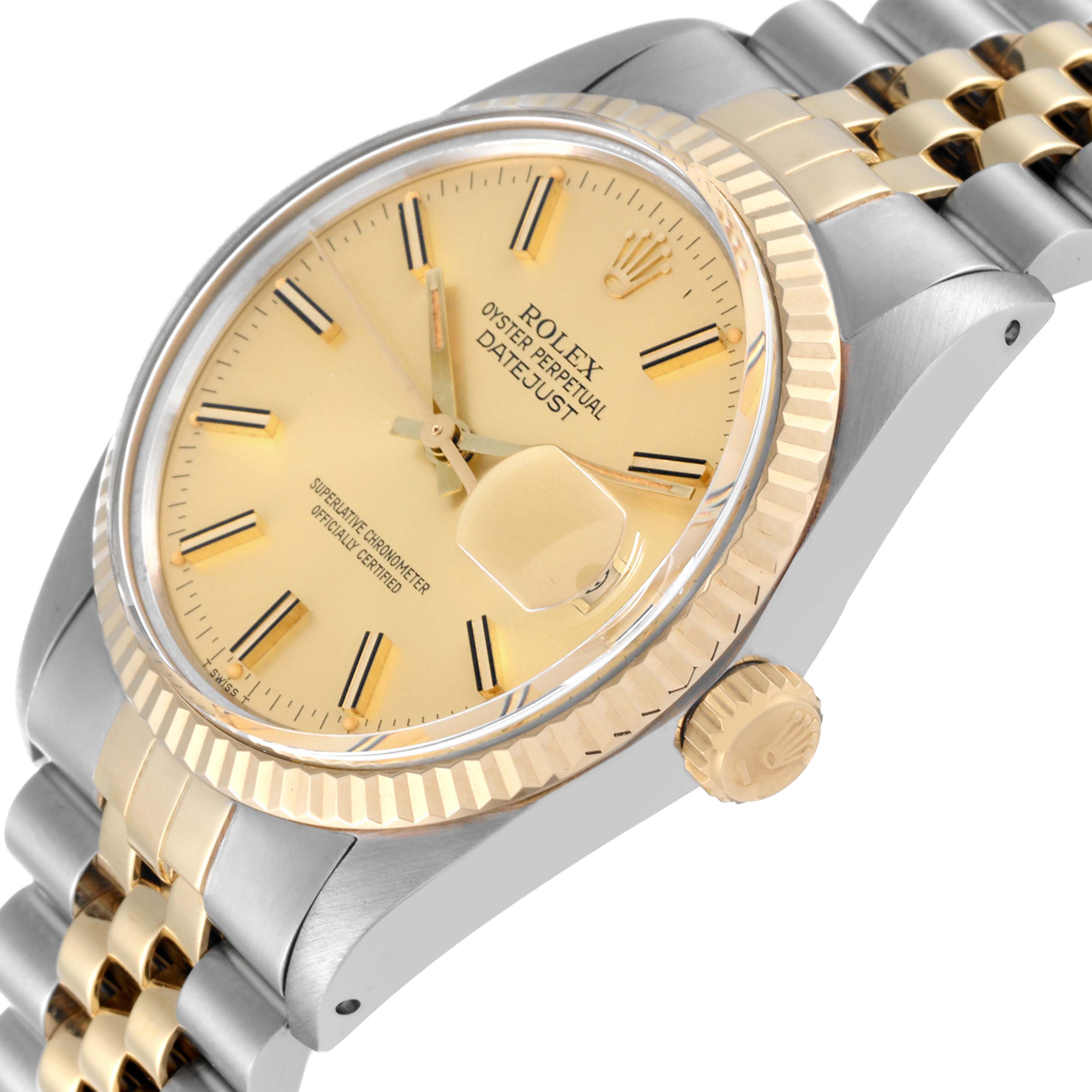 The image shows a side view of a Rolex Datejust 16013 Men's Steel and Gold (two tone) Champagne Dial 16013 Men's Steel and Gold (two tone) Champagne Dial watch highlighting the dial, fluted bezel, crown, and part of the bracelet.