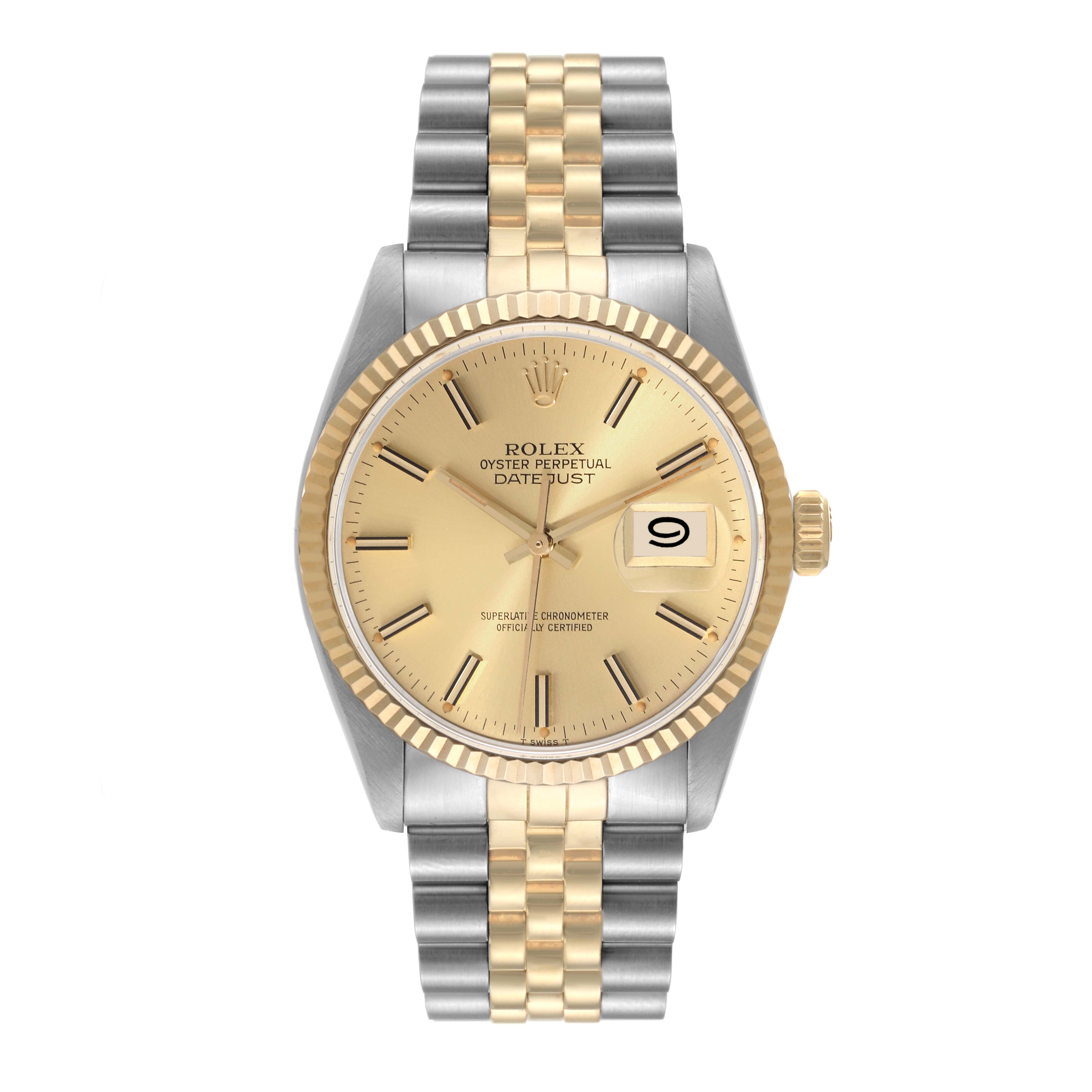 This image shows a front view of the Rolex Datejust 16013 Men's Steel and Gold (two tone) Champagne Dial 16013 Men's Steel and Gold (two tone) Champagne Dial watch, highlighting its face, bezel, crown, and Jubilee bracelet.