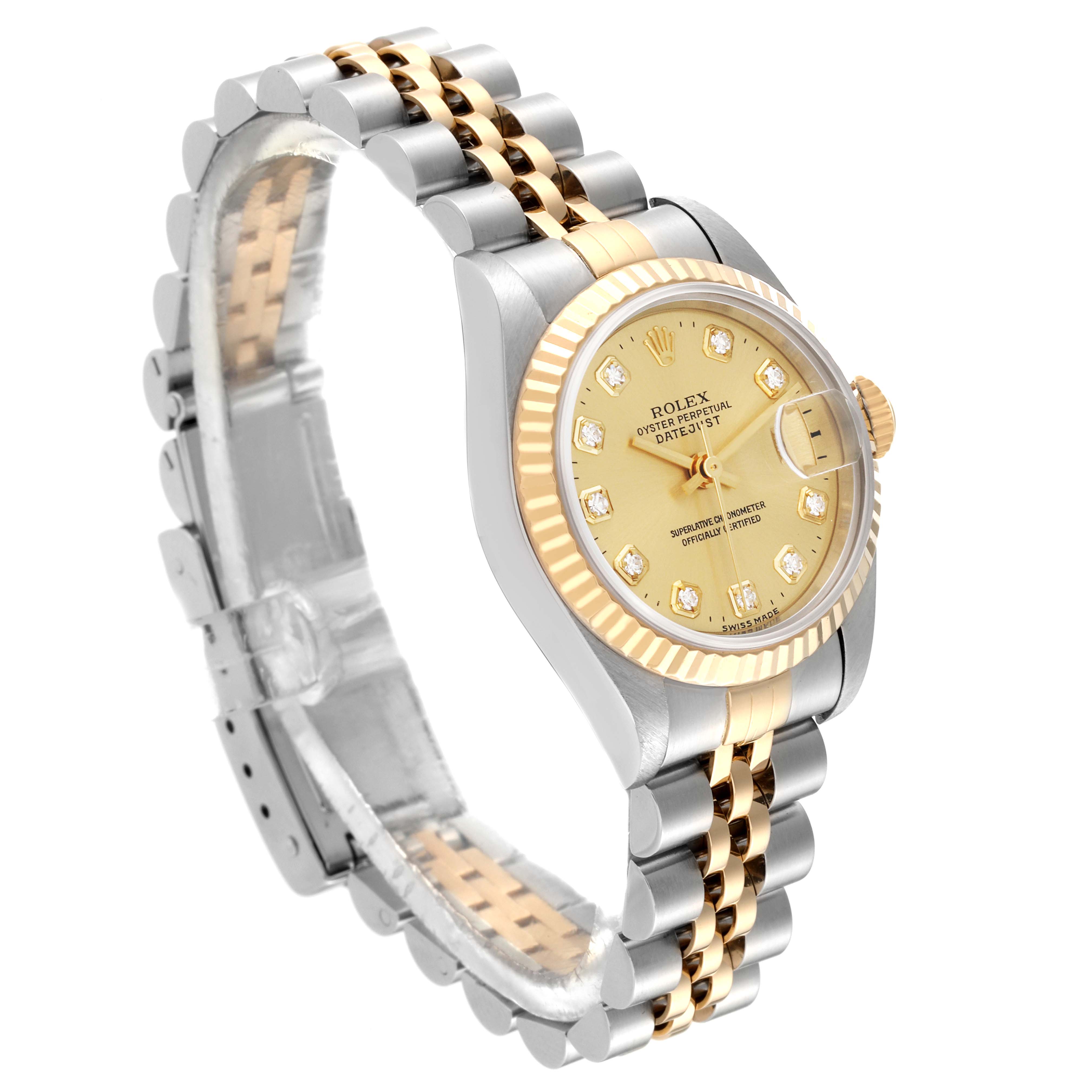 This image shows a Rolex Datejust 79173 Women's Steel and Gold (two tone) Champagne Dial 79173 Women's Steel and Gold (two tone) Champagne Dial model watch at a slight angle, highlighting its bezel, dial, and Jubilee bracelet.