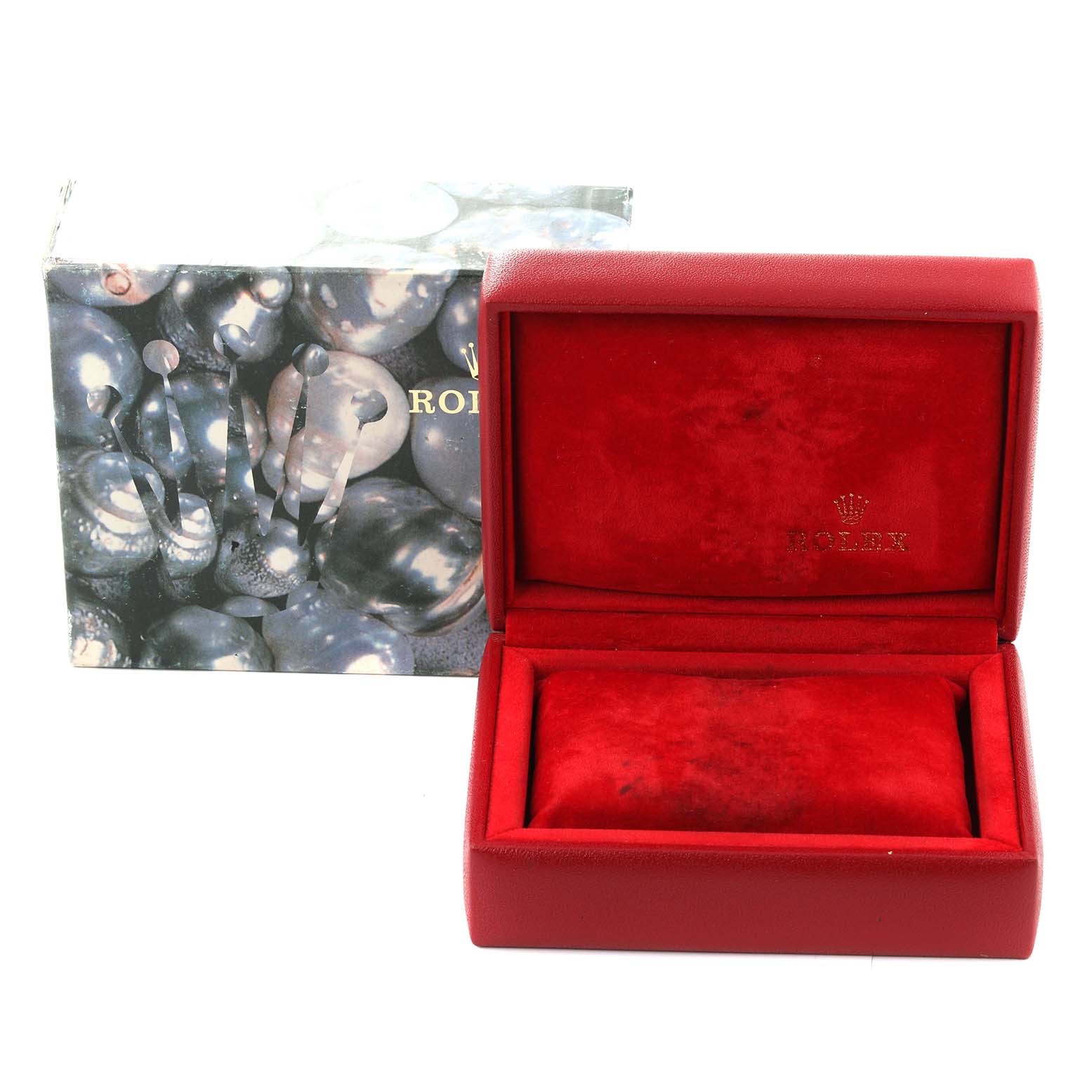 This image shows the opened red velvet box and the outer packaging for a Rolex Datejust 79173 Women's Steel and Gold (two tone) Champagne Dial 79173 Women's Steel and Gold (two tone) Champagne Dial watch.