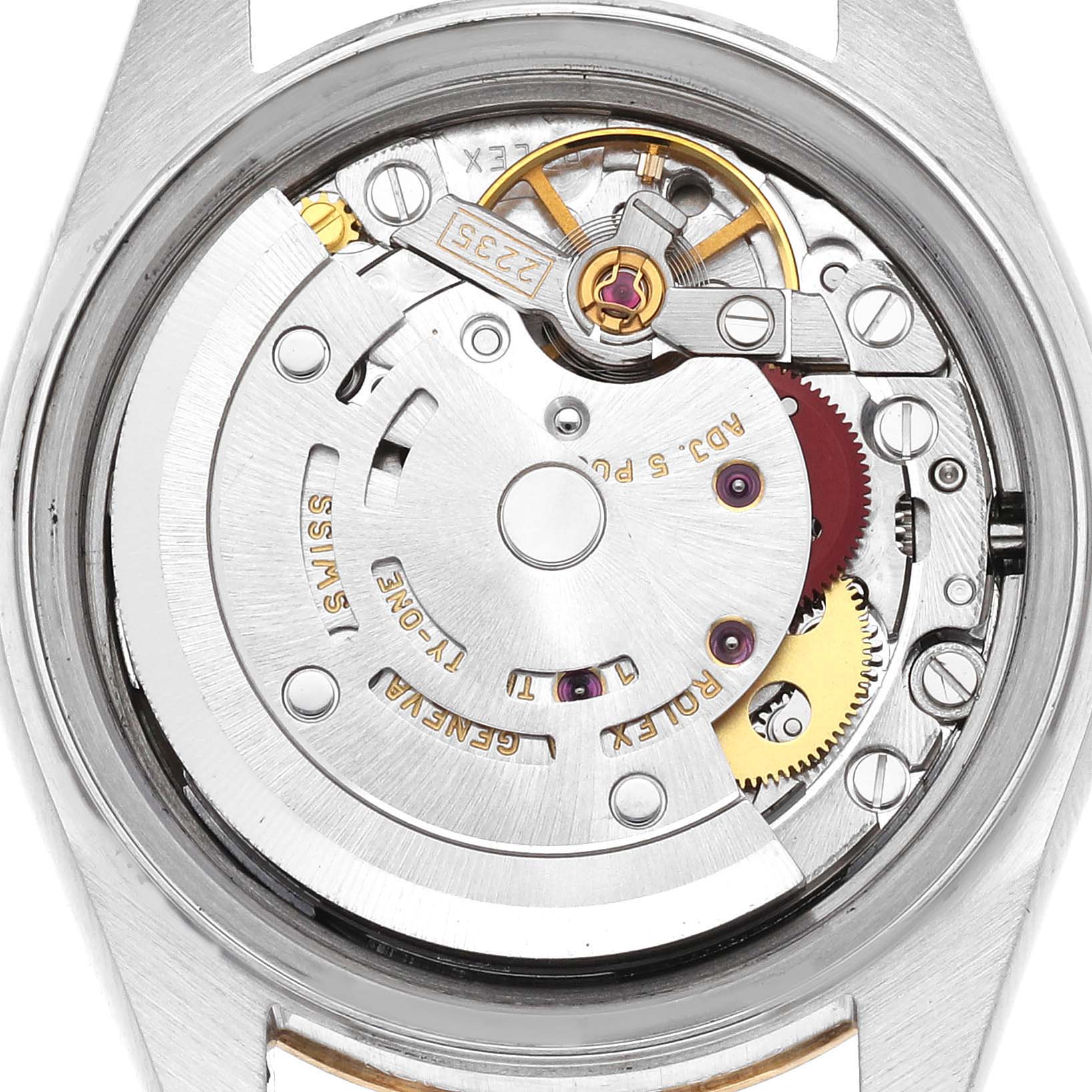 The image shows the inner mechanical movement of a Rolex Datejust 79173 Women's Steel and Gold (two tone) Champagne Dial 79173 Women's Steel and Gold (two tone) Champagne Dial watch, viewed from the back with the caseback removed.