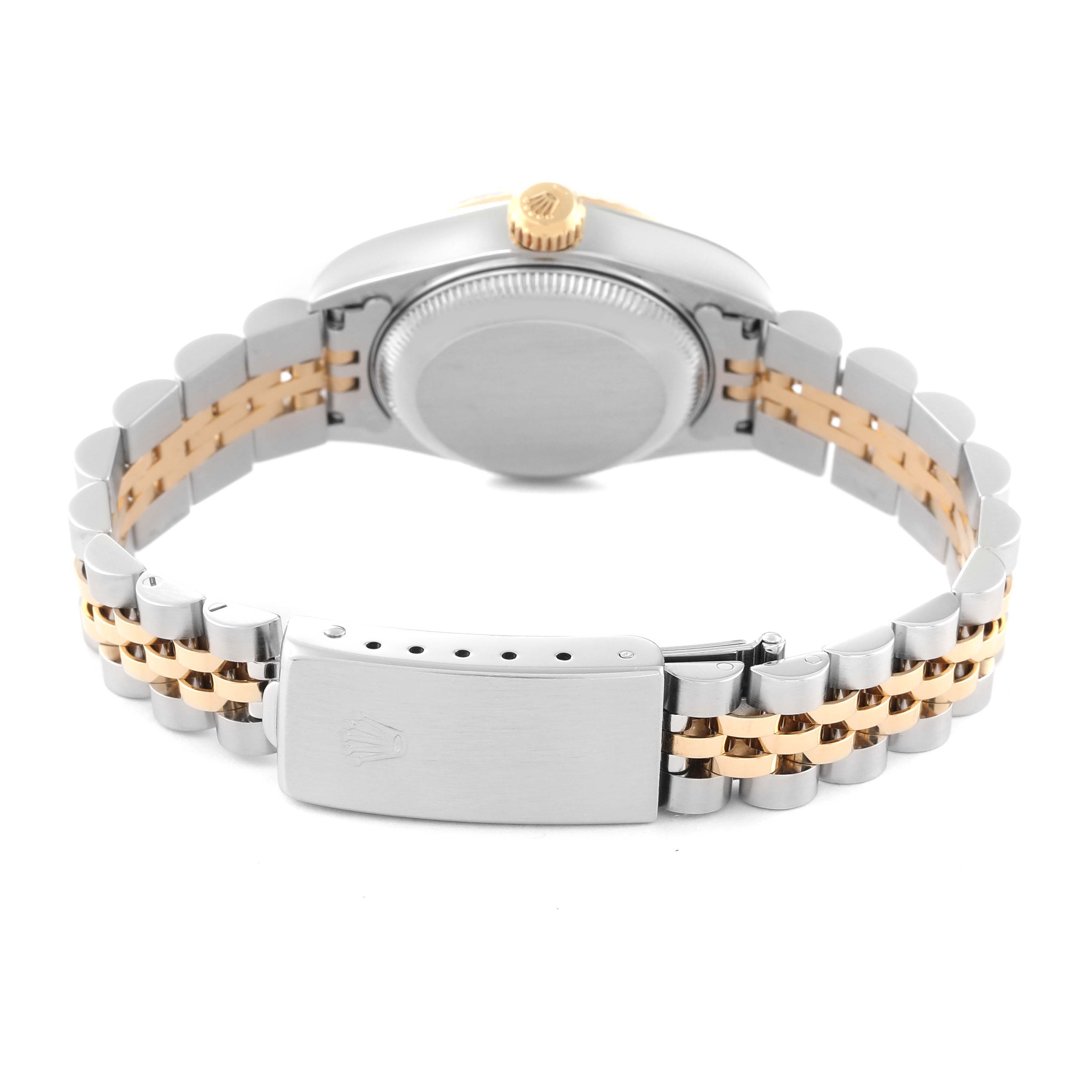 The image shows the back view of the Rolex Datejust 79173 Women's Steel and Gold (two tone) Champagne Dial 79173 Women's Steel and Gold (two tone) Champagne Dial watch, displaying its case back, crown, and two-tone bracelet.