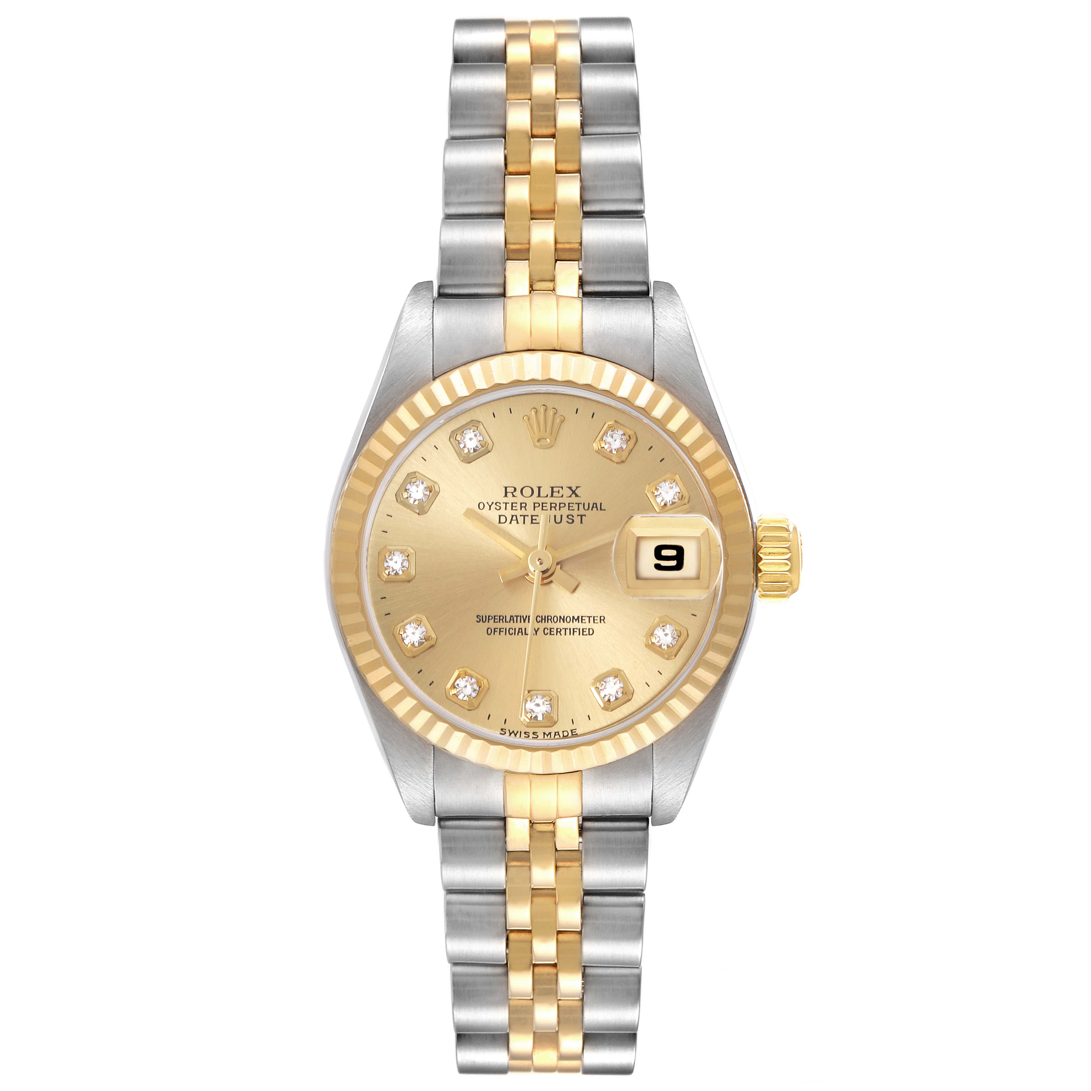 This image shows a front view of a Rolex Datejust 79173 Women's Steel and Gold (two tone) Champagne Dial 79173 Women's Steel and Gold (two tone) Champagne Dial watch, highlighting its gold dial, date display, and two-tone bracelet.