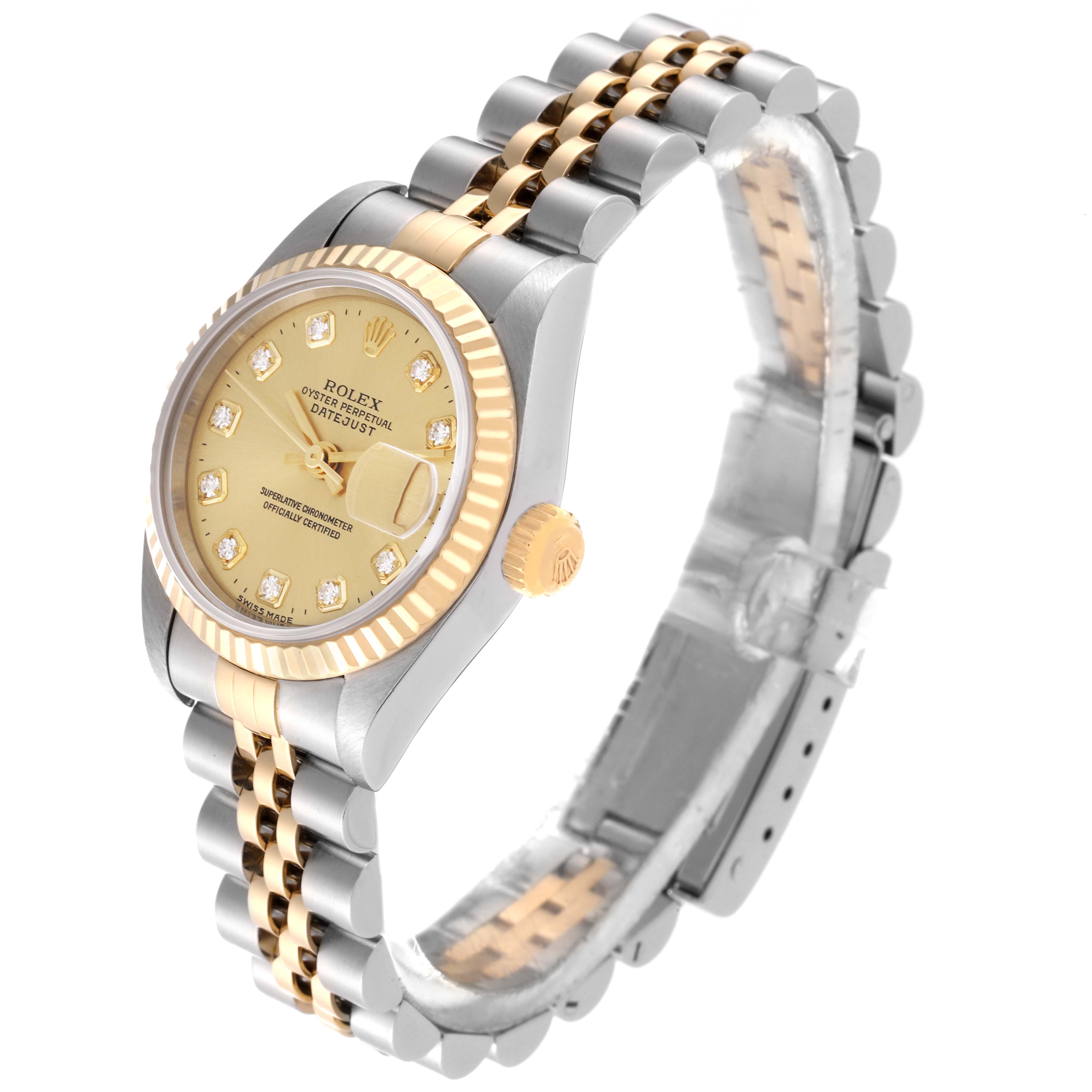 The image shows a Rolex Datejust 79173 Women's Steel and Gold (two tone) Champagne Dial 79173 Women's Steel and Gold (two tone) Champagne Dial watch viewed at an angle that includes the dial, bezel, crown, and part of the bracelet.