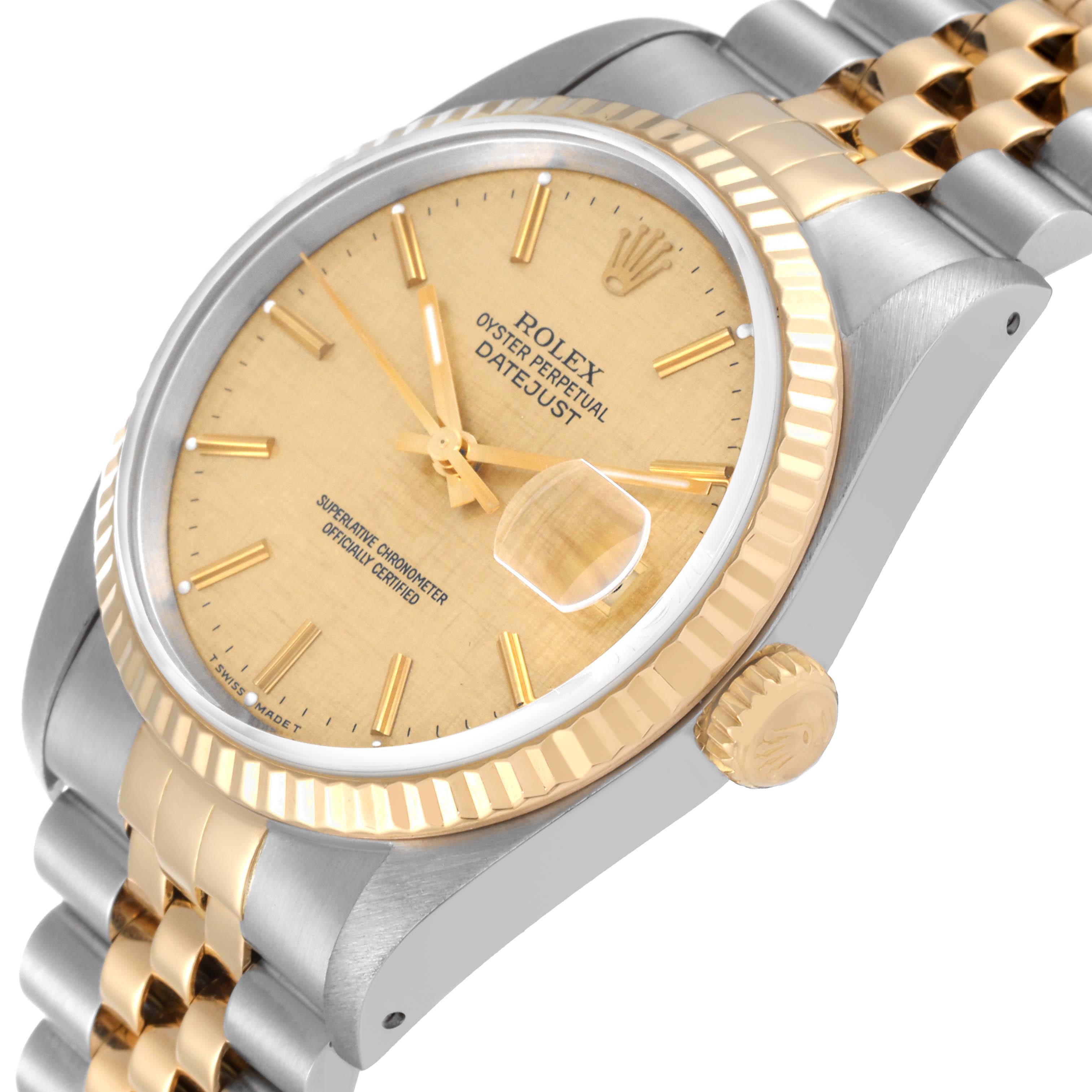 The image shows a Rolex Datejust 16233 Men's Steel and Gold (two tone) Champagne Dial 16233 Men's Steel and Gold (two tone) Champagne Dial watch at an angled close-up, highlighting the dial, crown, bezel, and part of the bracelet.