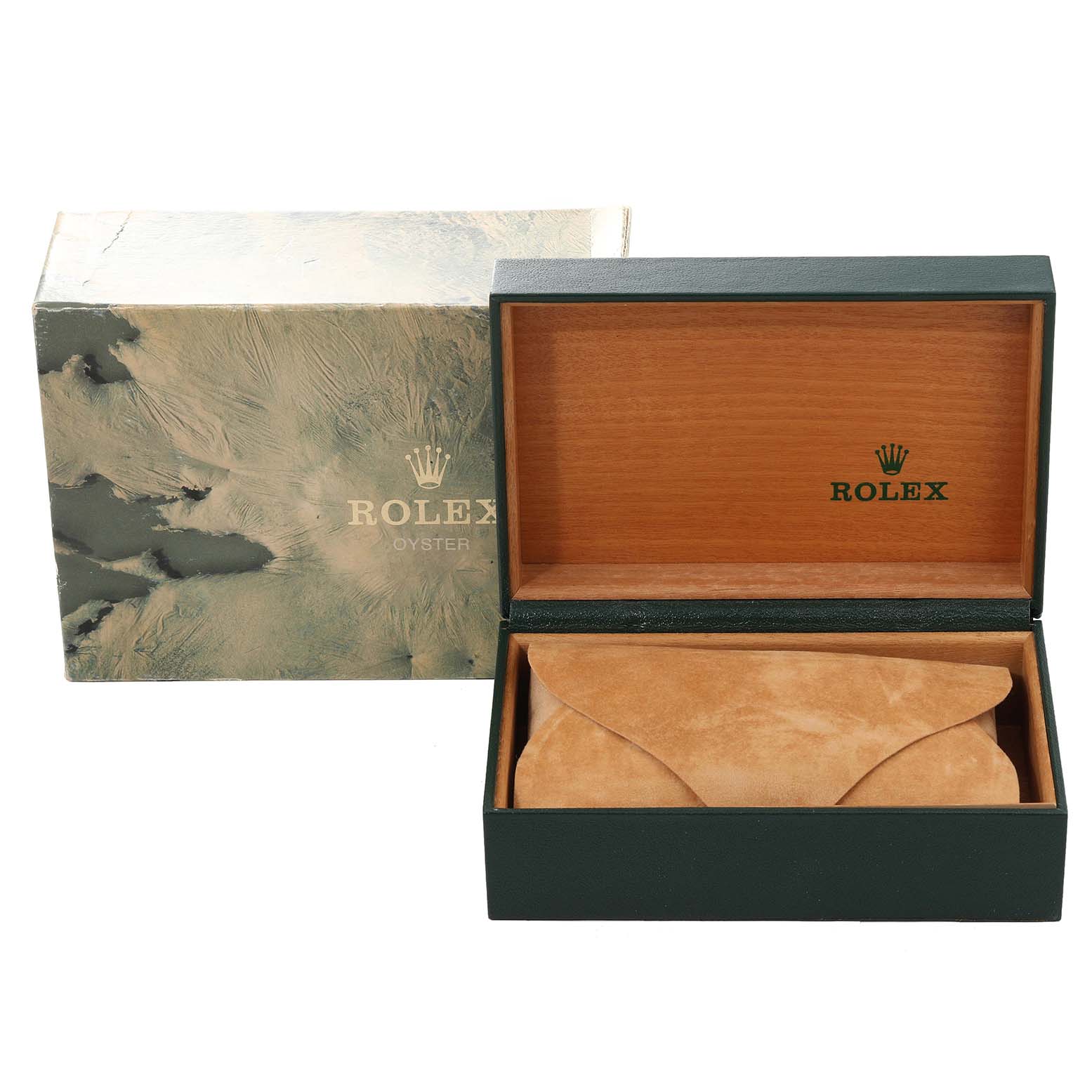 This image shows an open Rolex Datejust 16233 Men's Steel and Gold (two tone) Champagne Dial 16233 Men's Steel and Gold (two tone) Champagne Dial box and a protective suede pouch inside, along with the outer packaging.