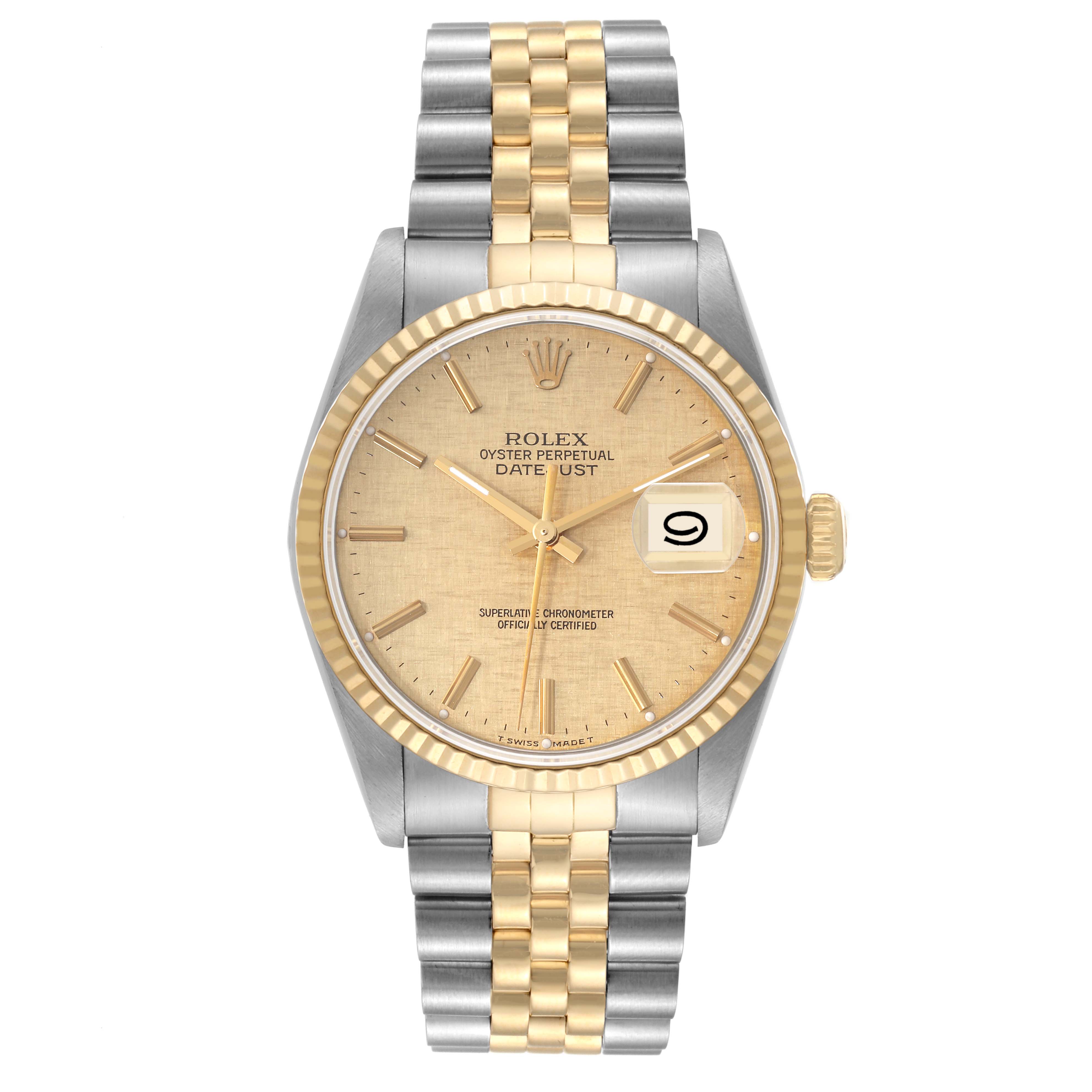 The image shows a front view of the Rolex Datejust 16233 Men's Steel and Gold (two tone) Champagne Dial 16233 Men's Steel and Gold (two tone) Champagne Dial watch, displaying the dial, hands, date window, case, and bracelet.
