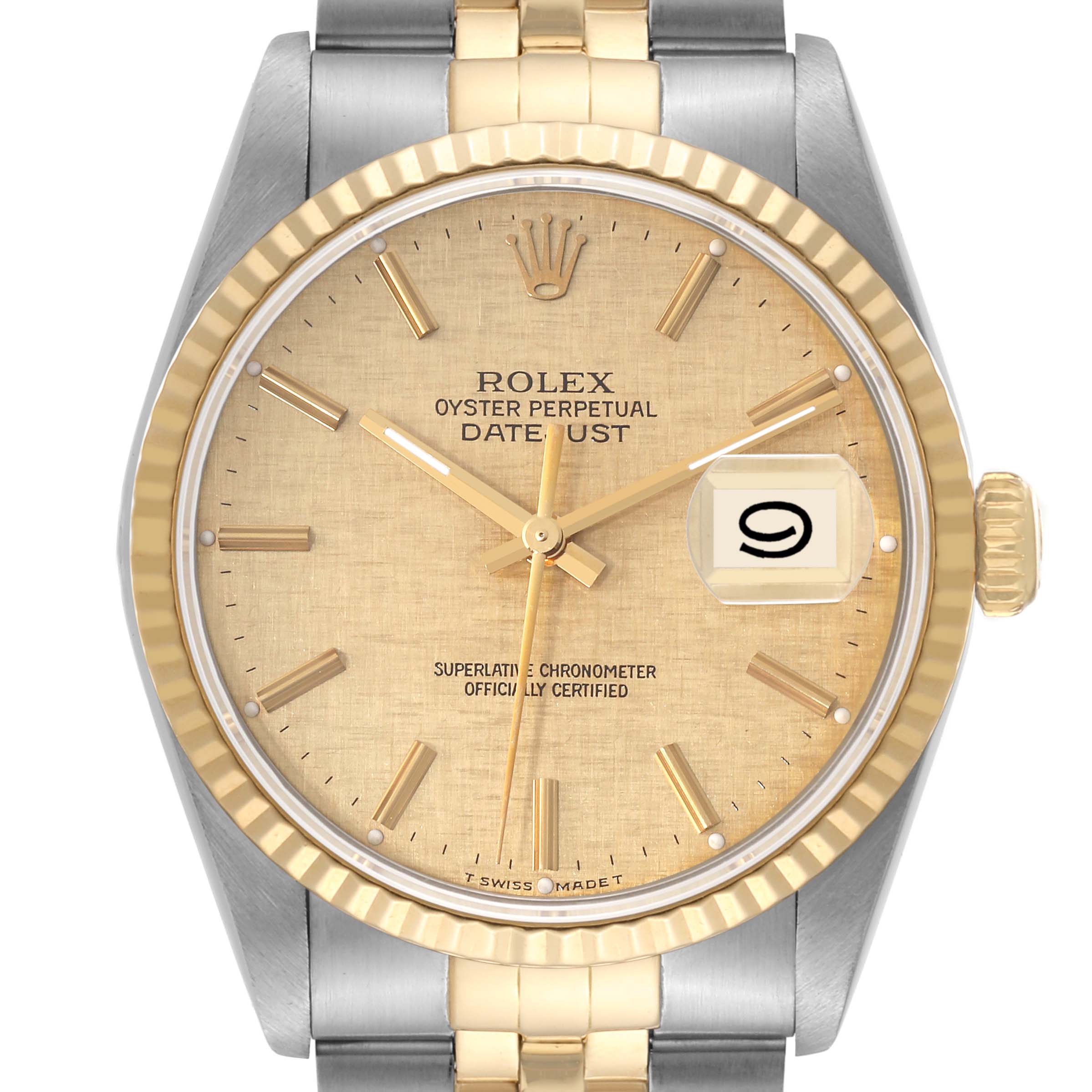This image shows a front view of the Rolex Datejust 16233 Men's Steel and Gold (two tone) Champagne Dial 16233 Men's Steel and Gold (two tone) Champagne Dial watch, highlighting its dial, bezel, and part of the bracelet.