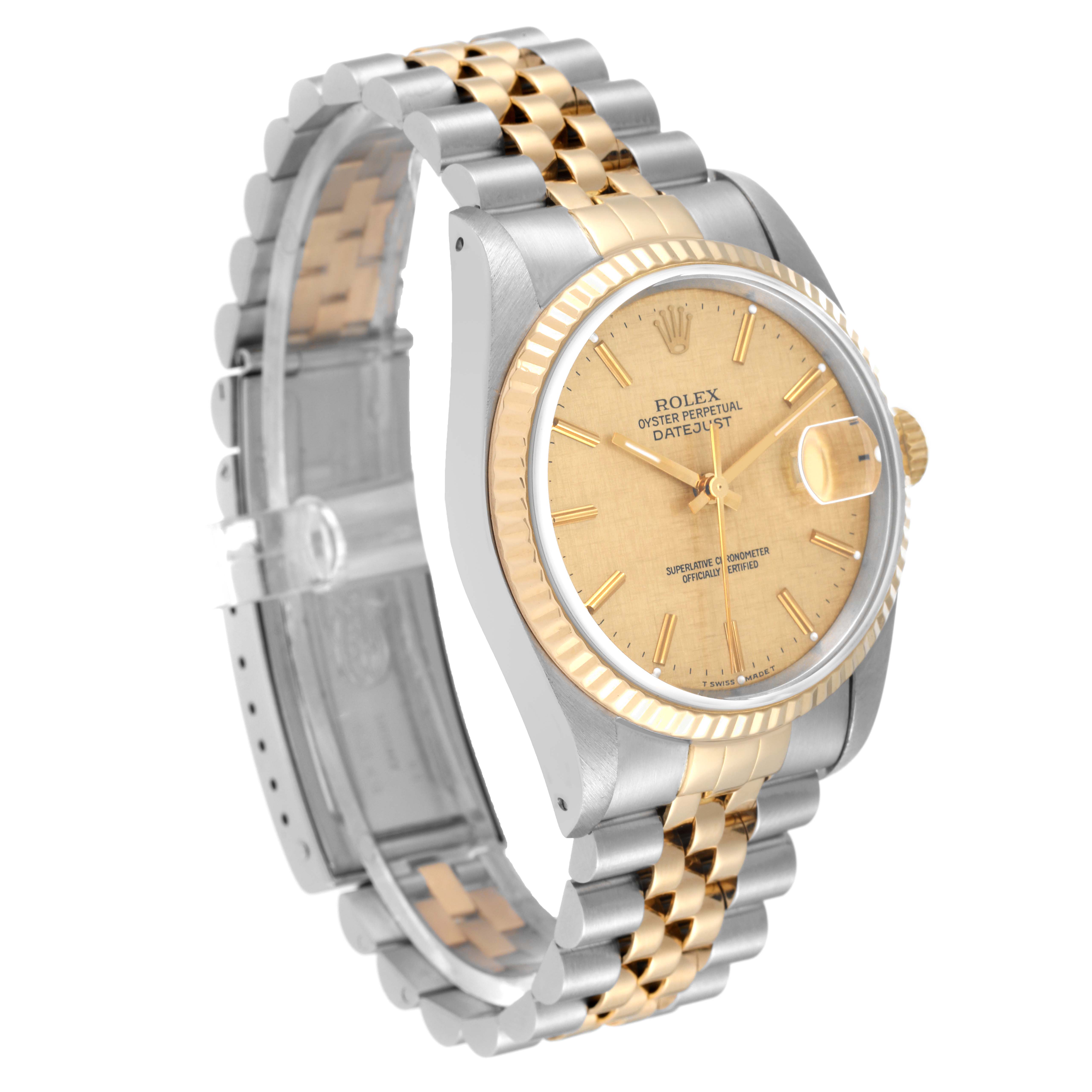 The image shows a Rolex Datejust 16233 Men's Steel and Gold (two tone) Champagne Dial 16233 Men's Steel and Gold (two tone) Champagne Dial watch from an oblique angle, highlighting its dial, bezel, and Jubilee bracelet.