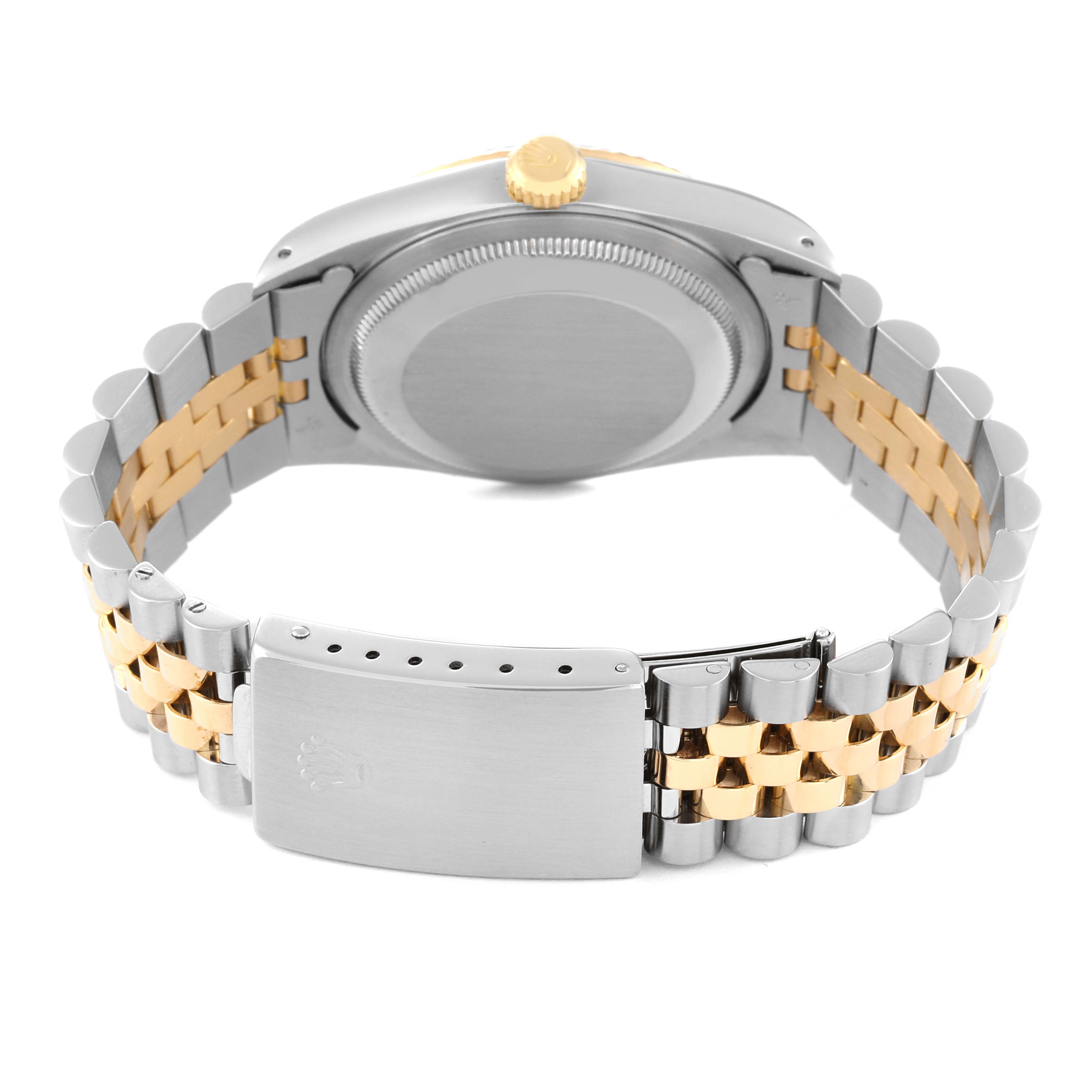 The image shows the back view of a Rolex Datejust 16233 Men's Steel and Gold (two tone) Champagne Dial 16233 Men's Steel and Gold (two tone) Champagne Dial watch, highlighting its two-tone bracelet and closed clasp.