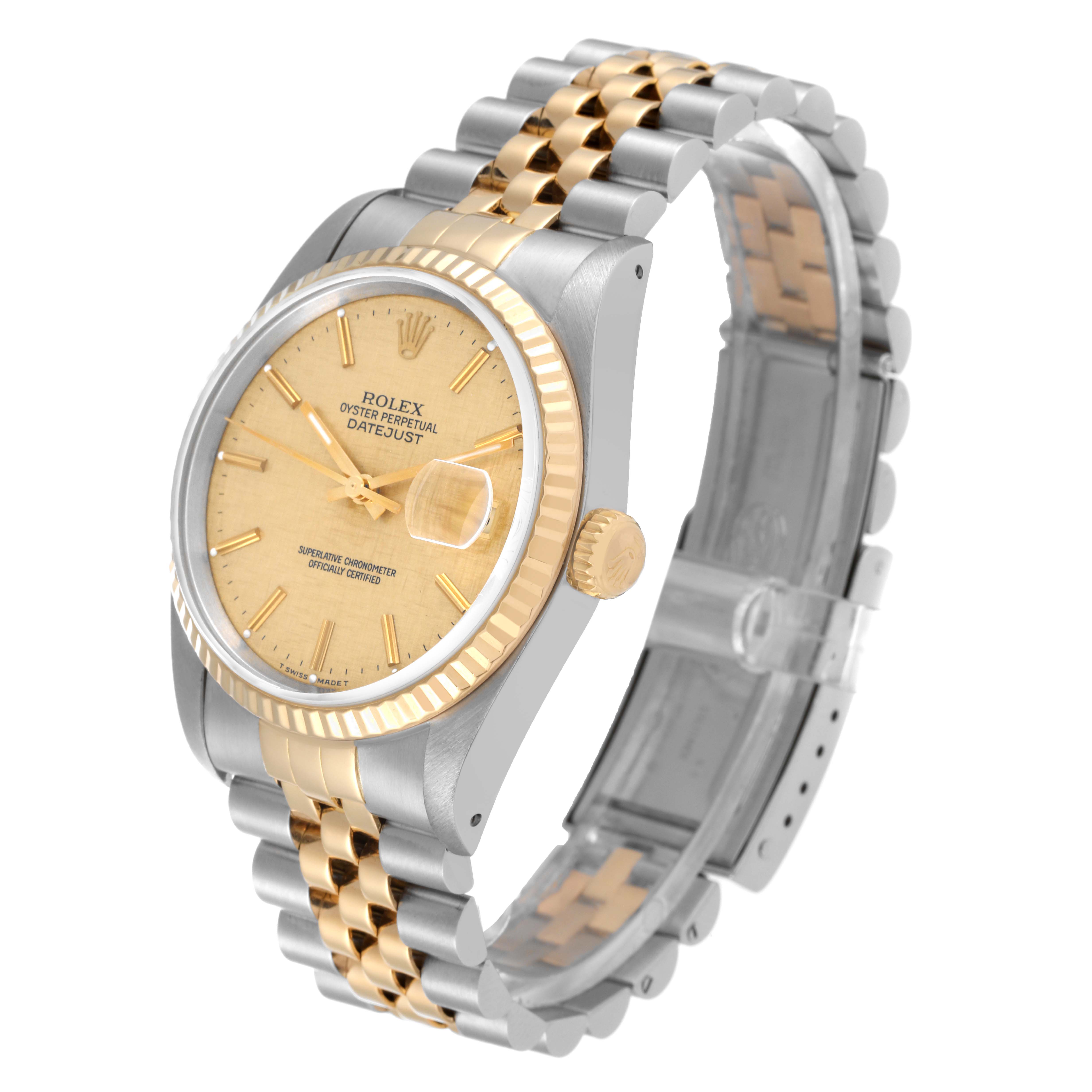 This Rolex Datejust 16233 Men's Steel and Gold (two tone) Champagne Dial 16233 Men's Steel and Gold (two tone) Champagne Dial model watch is shown at an angle, highlighting the gold and silver two-tone bracelet and fluted bezel.