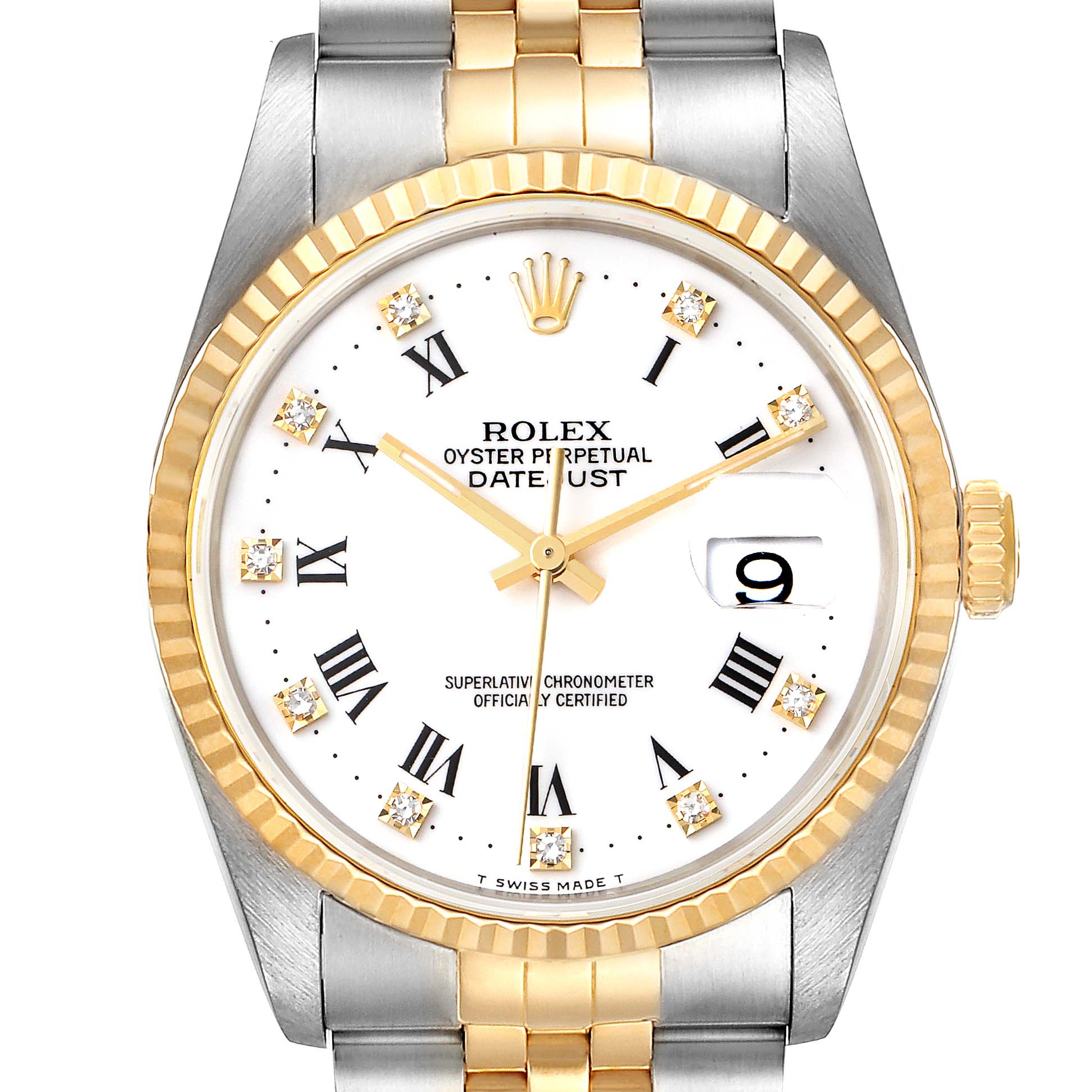 This is a date and time display image of a Rolex Datejust 16233 Men's Steel and Gold (two tone) White Dial 16233 Men's Steel and Gold (two tone) White Dial watch, showing the face, bezel, and part of the two-tone bracelet.